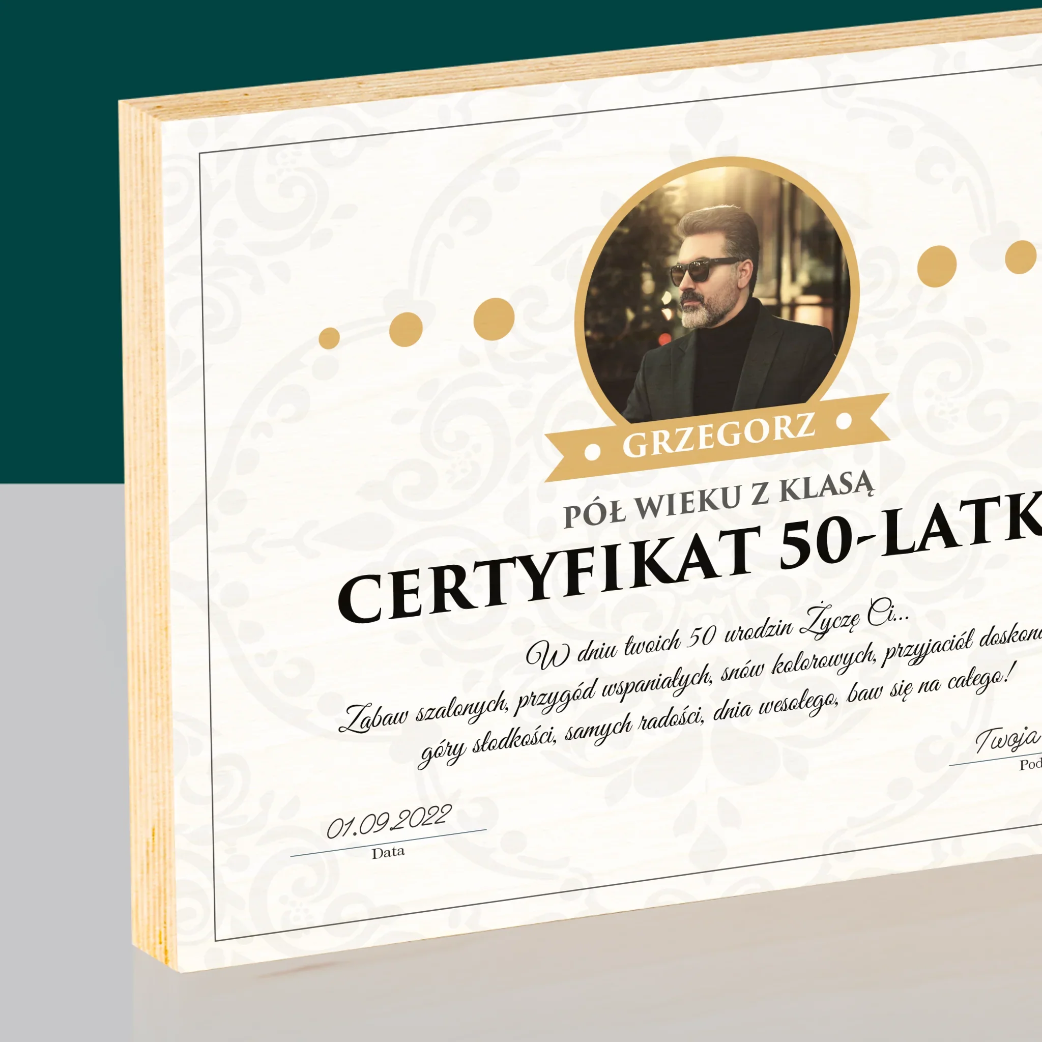 Certyfkat: Certyfikat 50-Latka - Wydruk Na Drewnie (Poziom) - Image 2