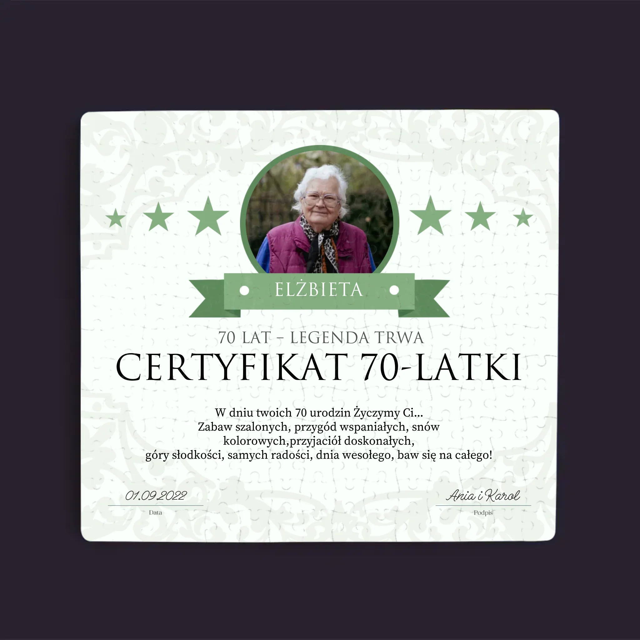 Certyfkat: Certyfikat 70-Latki - Personalizowane Puzzle - Image 3