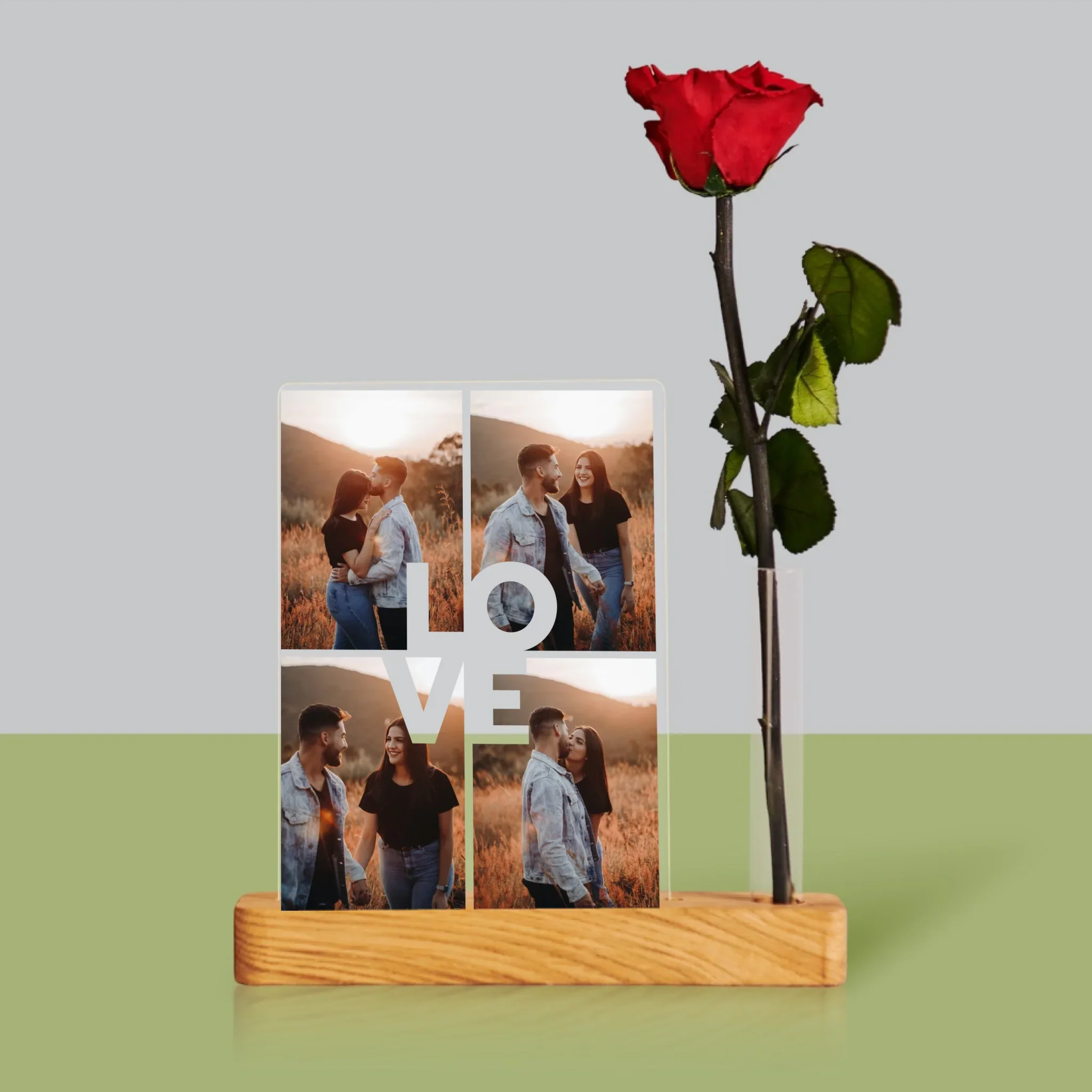 Fotokolaż: 4 Zdjęcia Z Napisem Love - Wydruk Na Szkle Akrylowym z Różą
