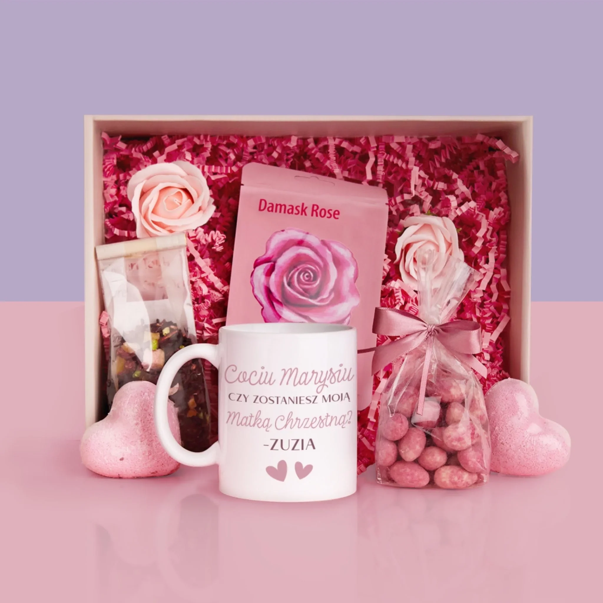 Fotokolaż: Czy Zostaniesz Moją Chrzestną - Zestaw prezentowy z kubkiem i różanym spa