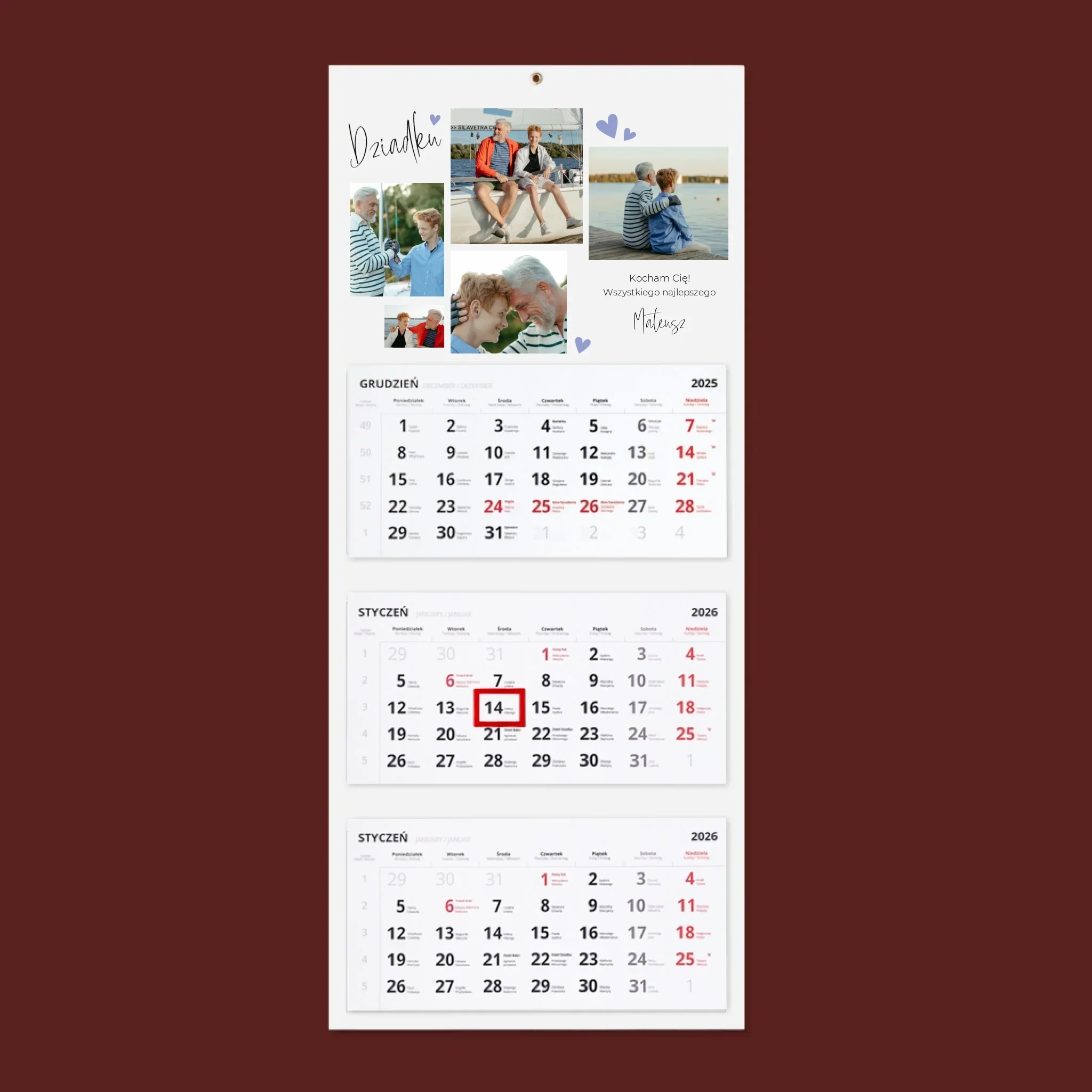 Fotokolaż: Dziadku Kocham Cię - Personalizowany Kalendarz Trójdzielny