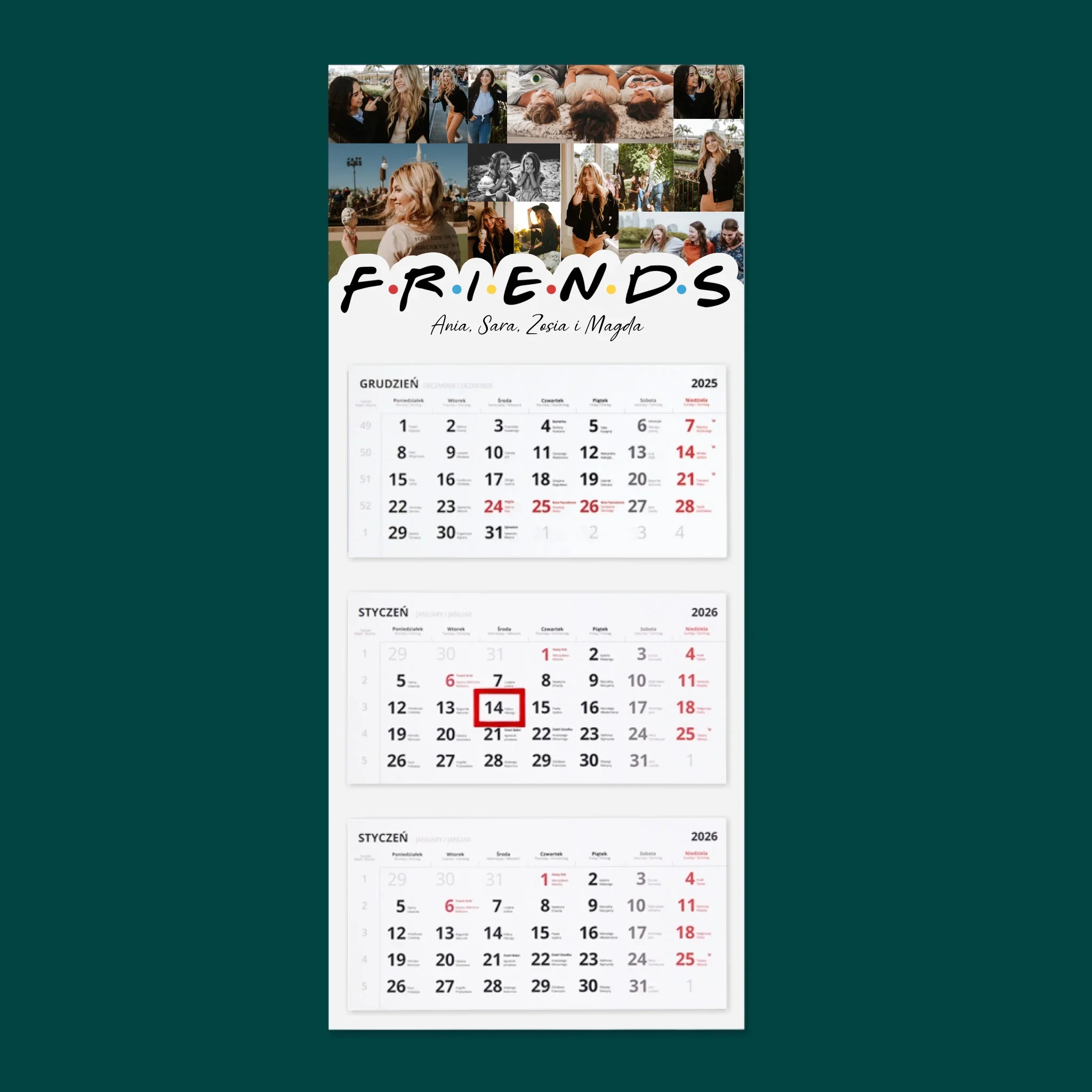 Fotokolaż: Friends - Personalizowany Kalendarz Trójdzielny