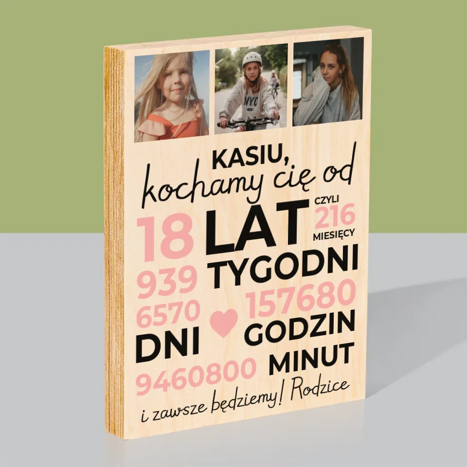 Fotokolaż: Kochamy Cię Od 18 Lat - Wydruk Na Drewnie