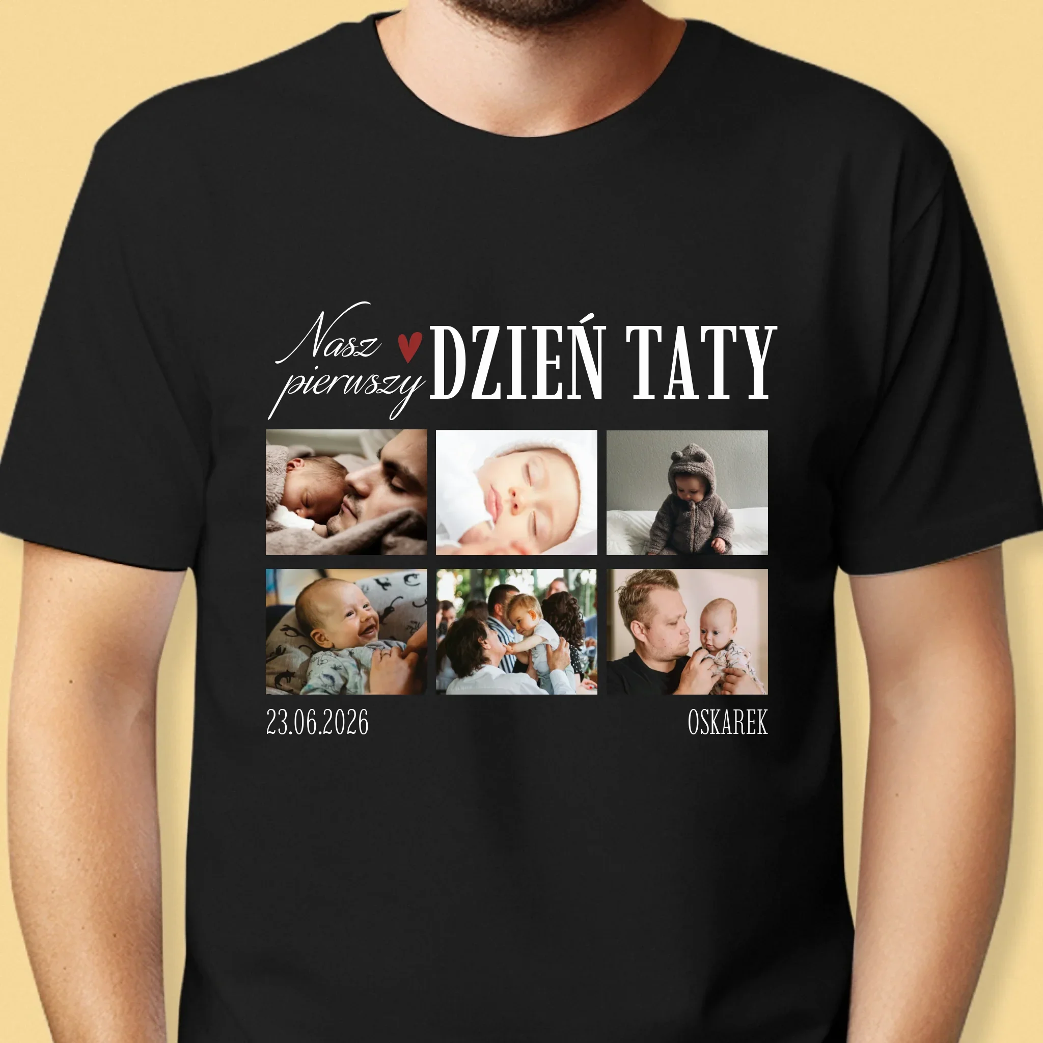 Fotokolaż: Nasz Pierwszy Dzień Taty Serce - Koszulka Męska z Nadrukiem - Image 6