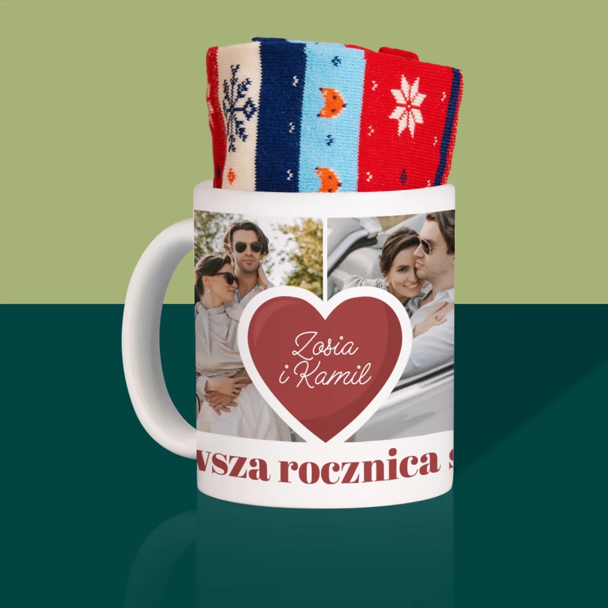 Fotokolaż: Pierwsza Rocznica Serce - Zimowe Skarpetki w Kubku