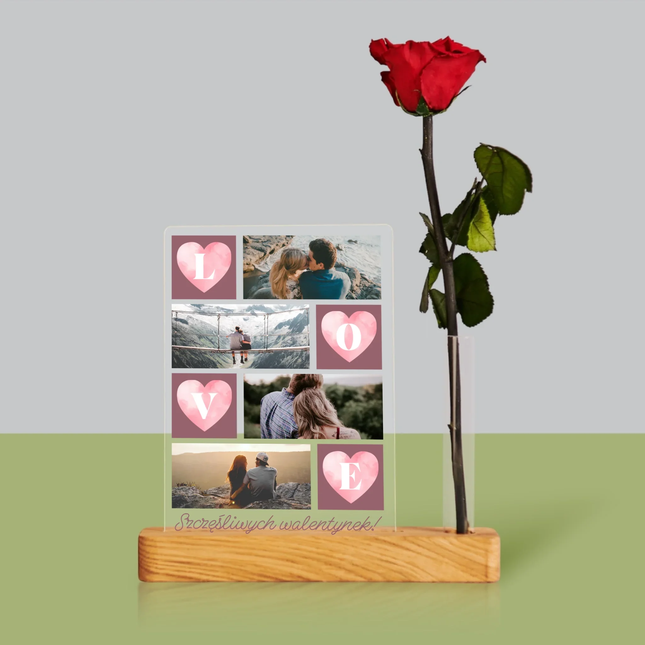 Fotokolaż: Serduszka Love - Wydruk Na Szkle Akrylowym z Różą