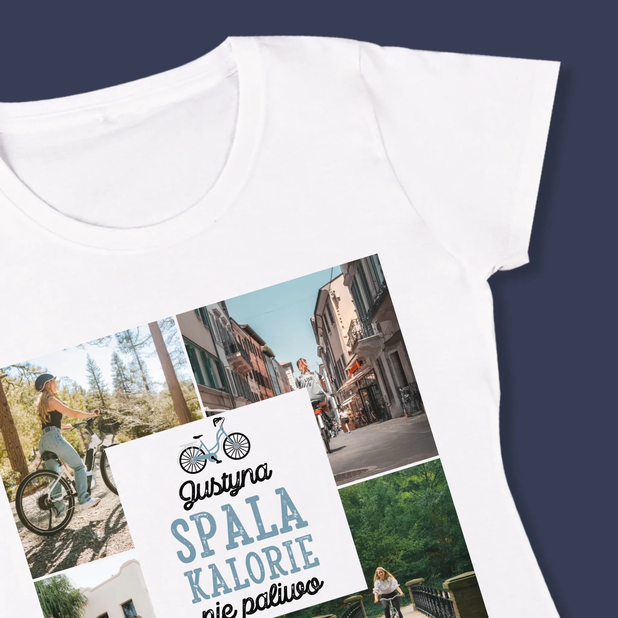 Fotokolaż: Spala Kalorie, Nie Paliwo - Koszulka Damska z Nadrukiem - Image 4