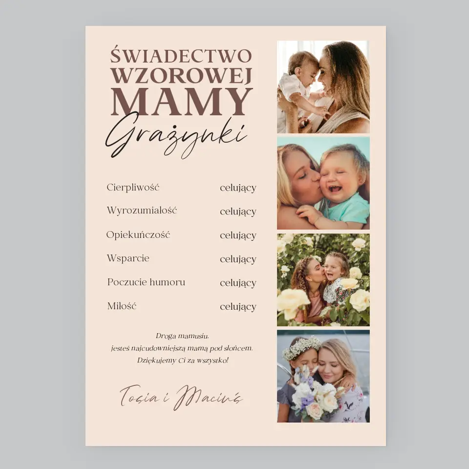 Fotokolaż: Świadectwo Wzorowej Mamy - Wydruk Obramowany