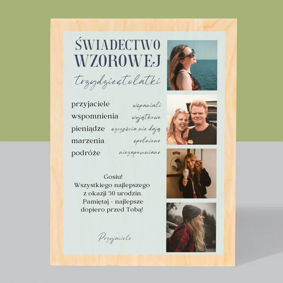 Fotokolaż: Świadectwo Wzorowej Trzydziestolatki - Wydruk Na Drewnie - Image 3