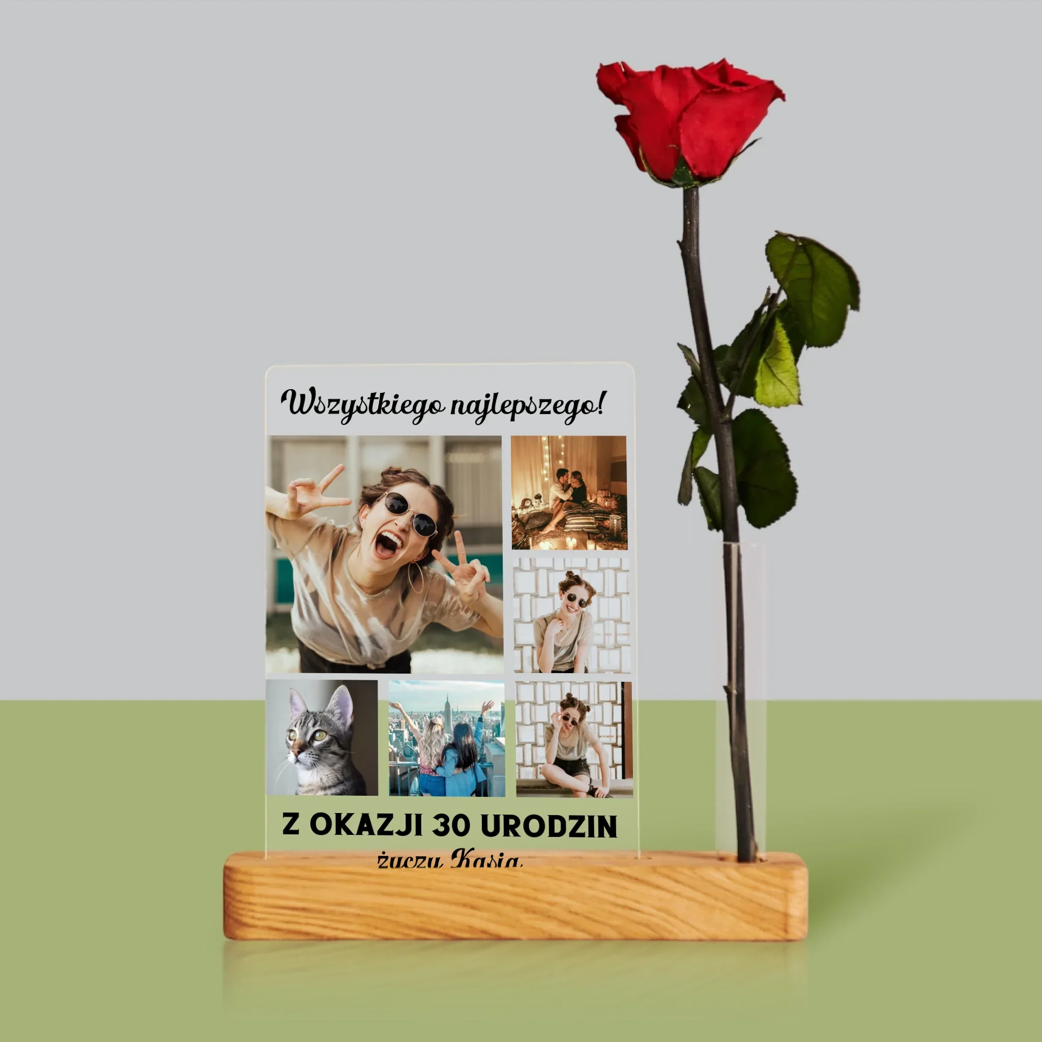 Fotokolaż: Urodzinowy - Wydruk Na Szkle Akrylowym z Różą