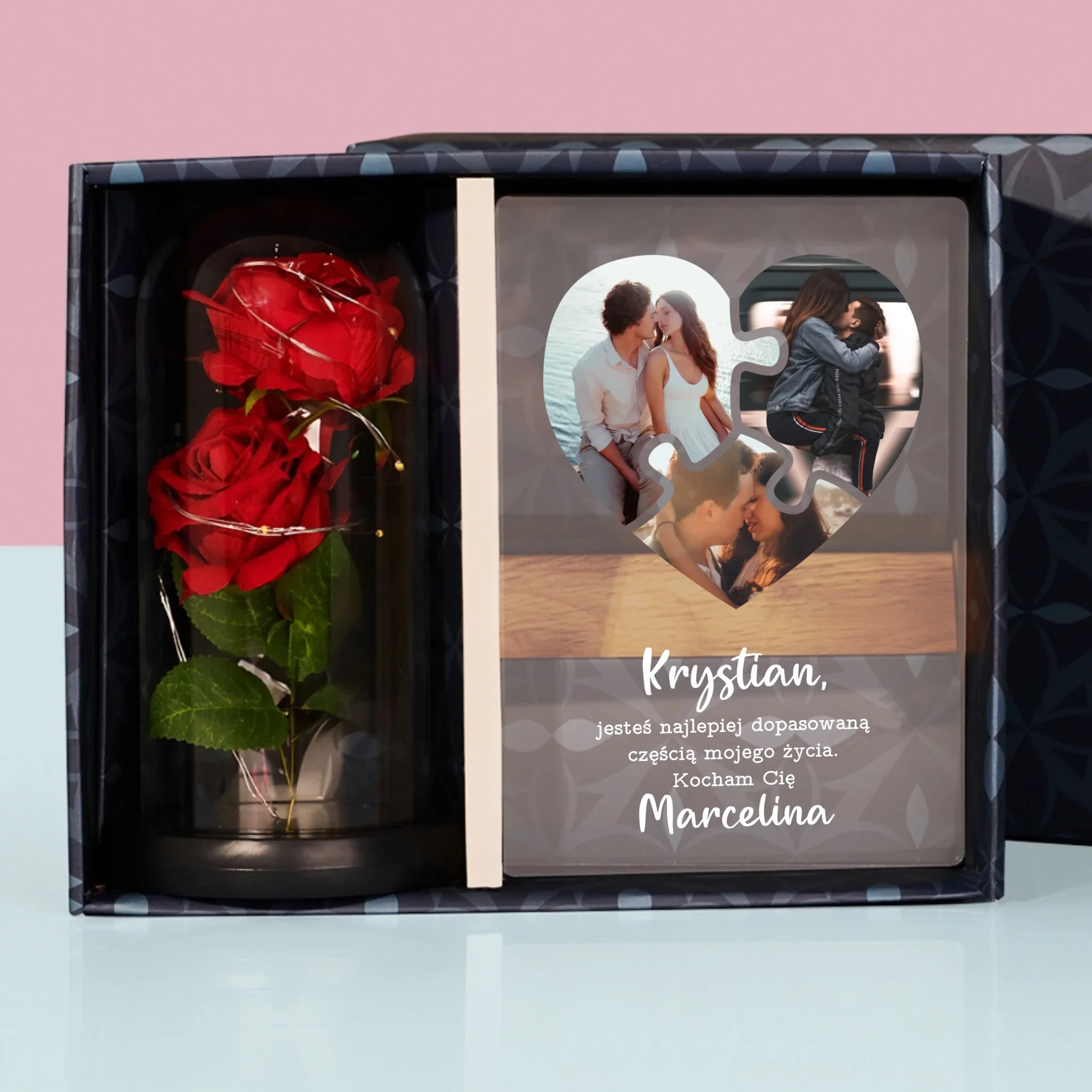 Fotokolaż: Walentynkowe Puzzle - Zestaw Prezentowy z Wydrukiem Na Szkle i Wieczną Różą - Image 2