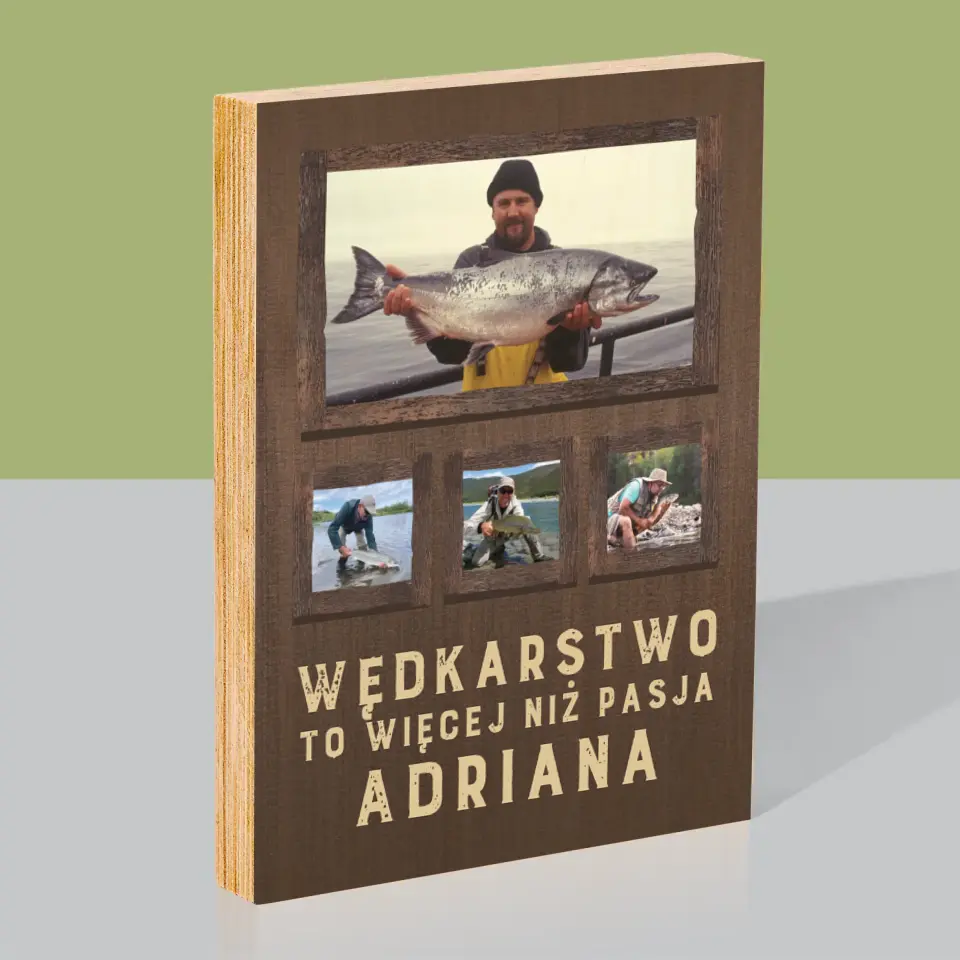 Fotokolaż: Wędkarstwo - Wydruk Na Drewnie