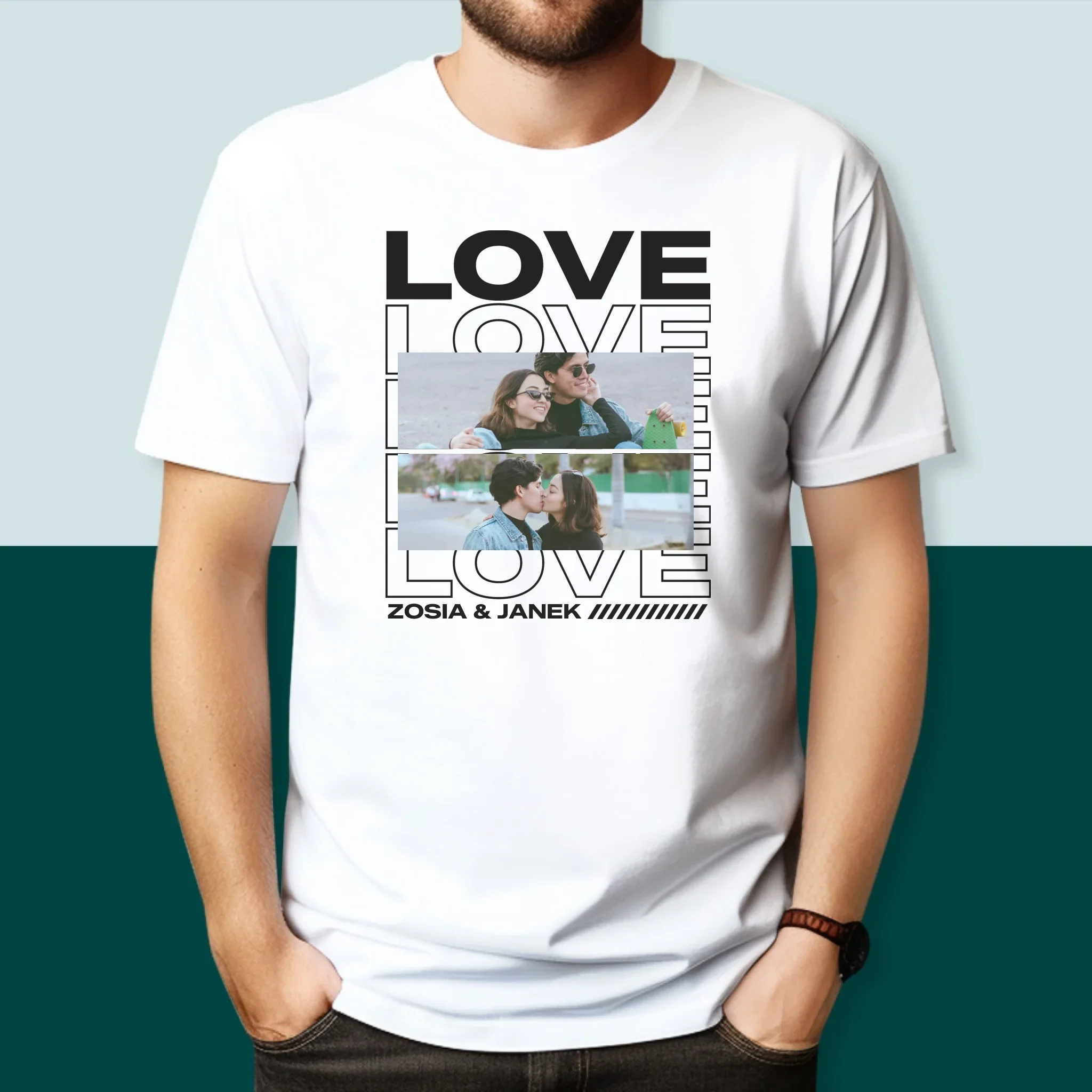 Fotokolaż: z Napisem Love - Koszulka Męska z Nadrukiem