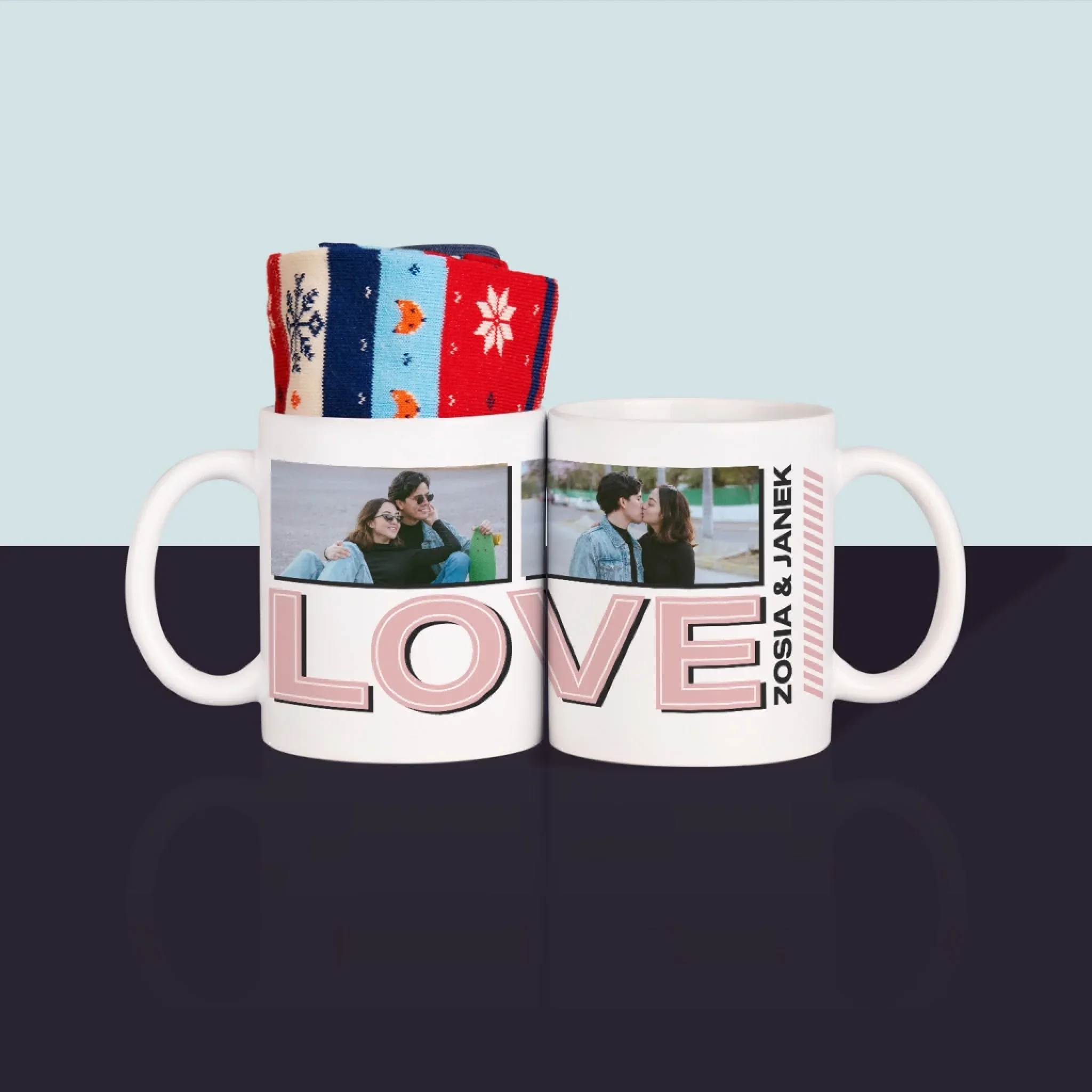 Fotokolaż: z Napisem Love - Zimowe Skarpetki w Kubku