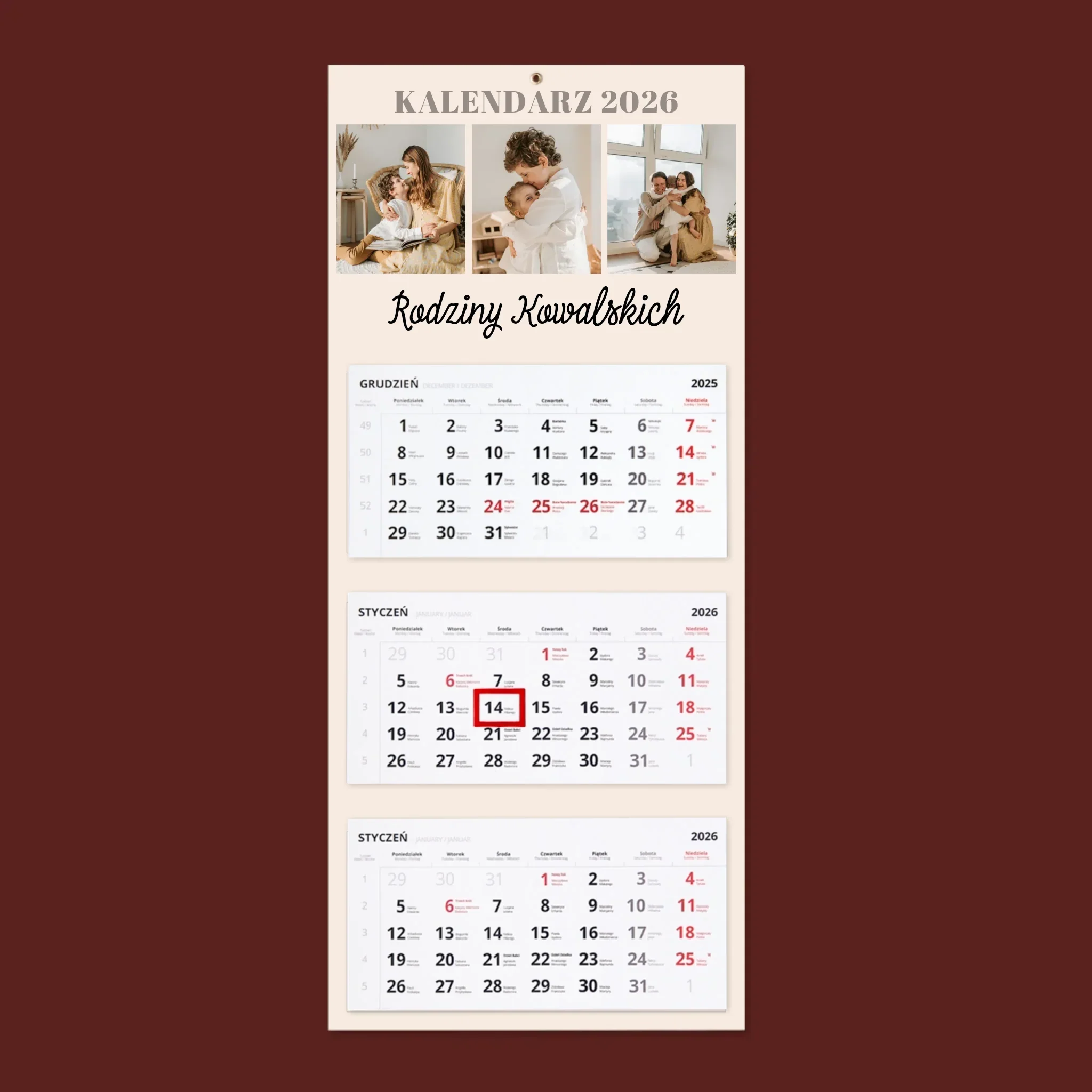 Fotokolaż: Zdjęcia Rodzinne - Personalizowany Kalendarz Trójdzielny
