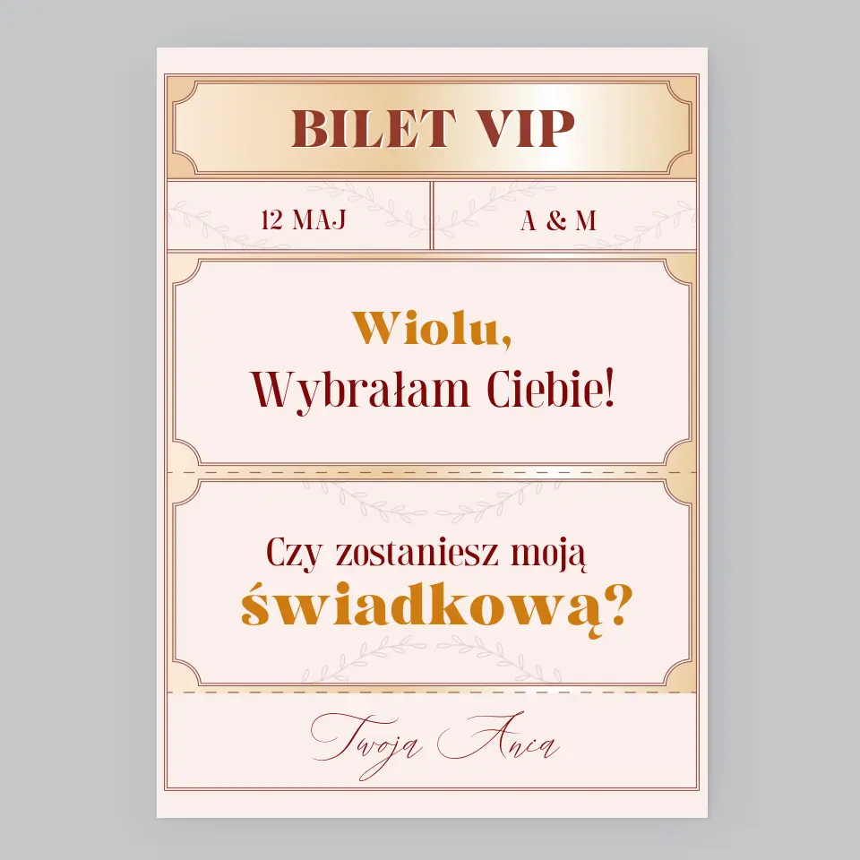 Imię i Podpis: Bilety Vip Świadkowa - Wydruk Obramowany