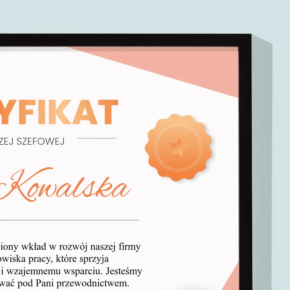 Imię i Podpis: Certyfikat Najlepszej Szefowej - Wydruk Obramowany 30X40 - Image 2
