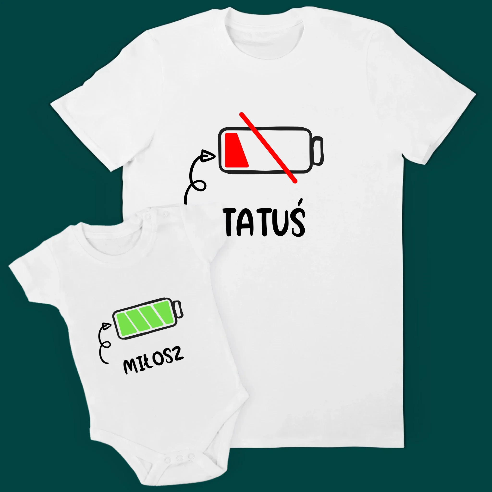 Imię i Podpis: Low Battery - Zestaw Koszulka Męska i Body Niemowlęce - Image 2