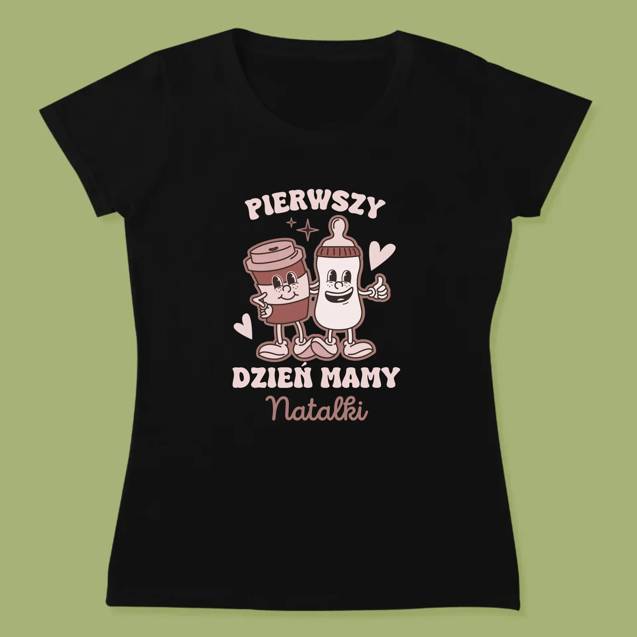 Imię i Podpis: Pierwszy Dzień Mamy Kawa Mleko - Koszulka Damska z Nadrukiem - Image 7