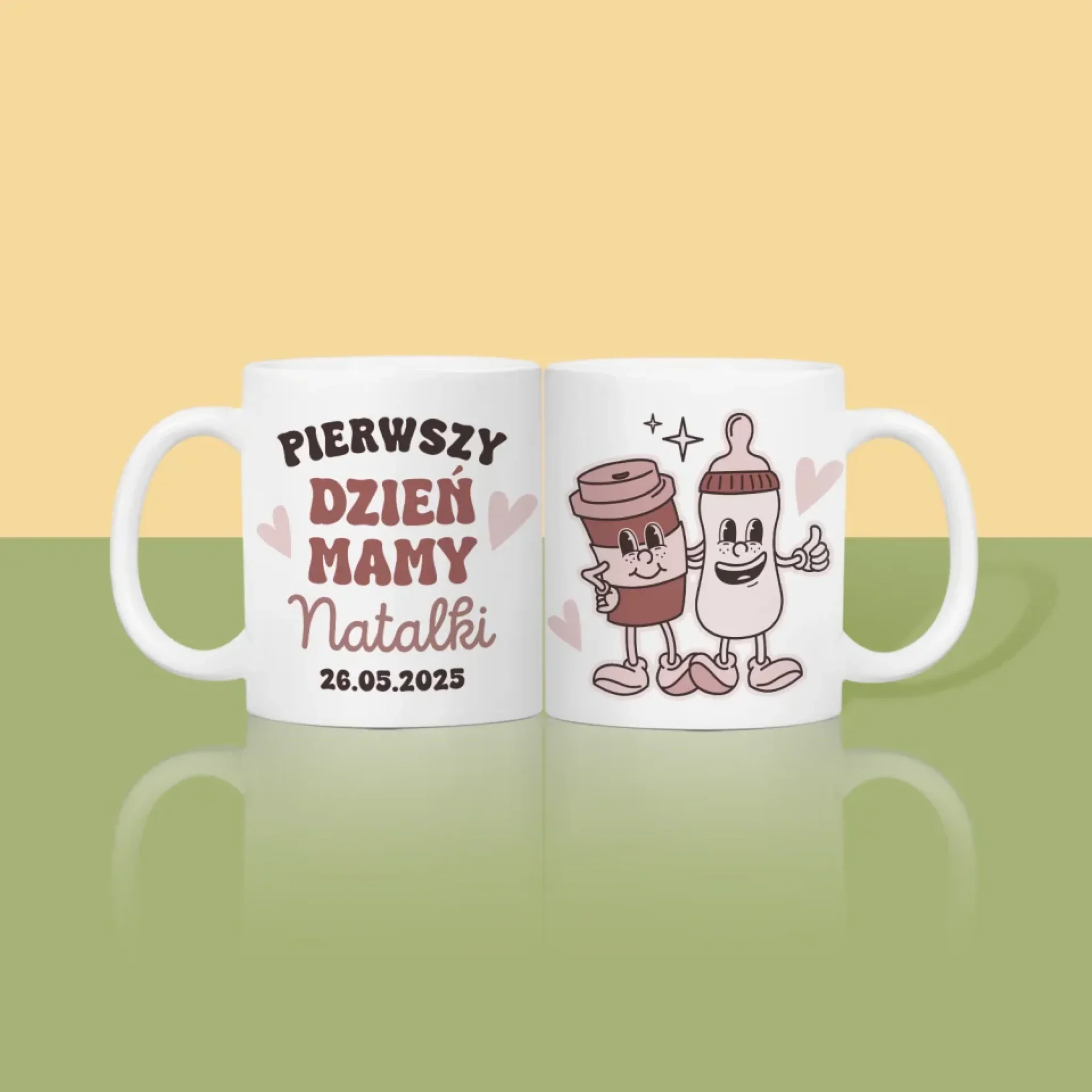 Imię i Podpis: Pierwszy Dzień Mamy Kawa Mleko - Kubek z Nadrukiem
