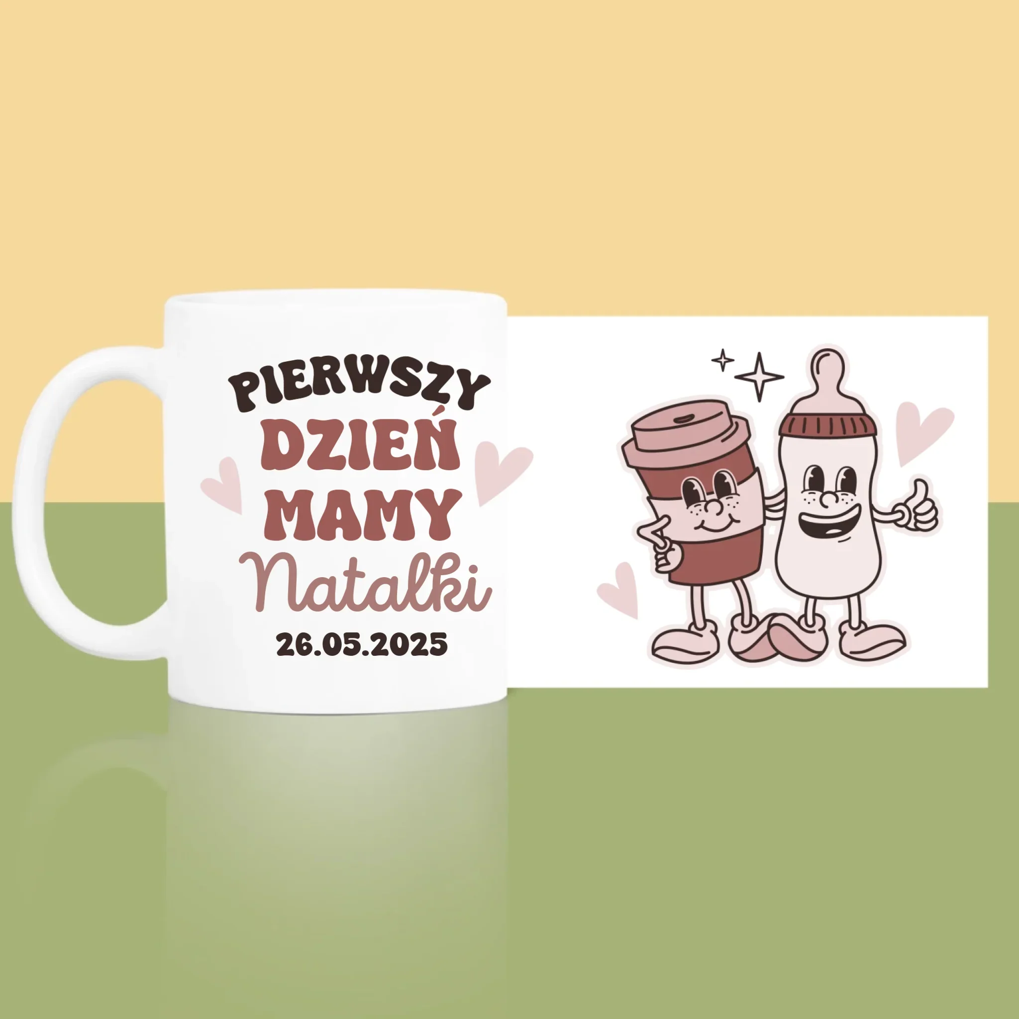 Imię i Podpis: Pierwszy Dzień Mamy Kawa Mleko - Kubek z Nadrukiem - Image 3