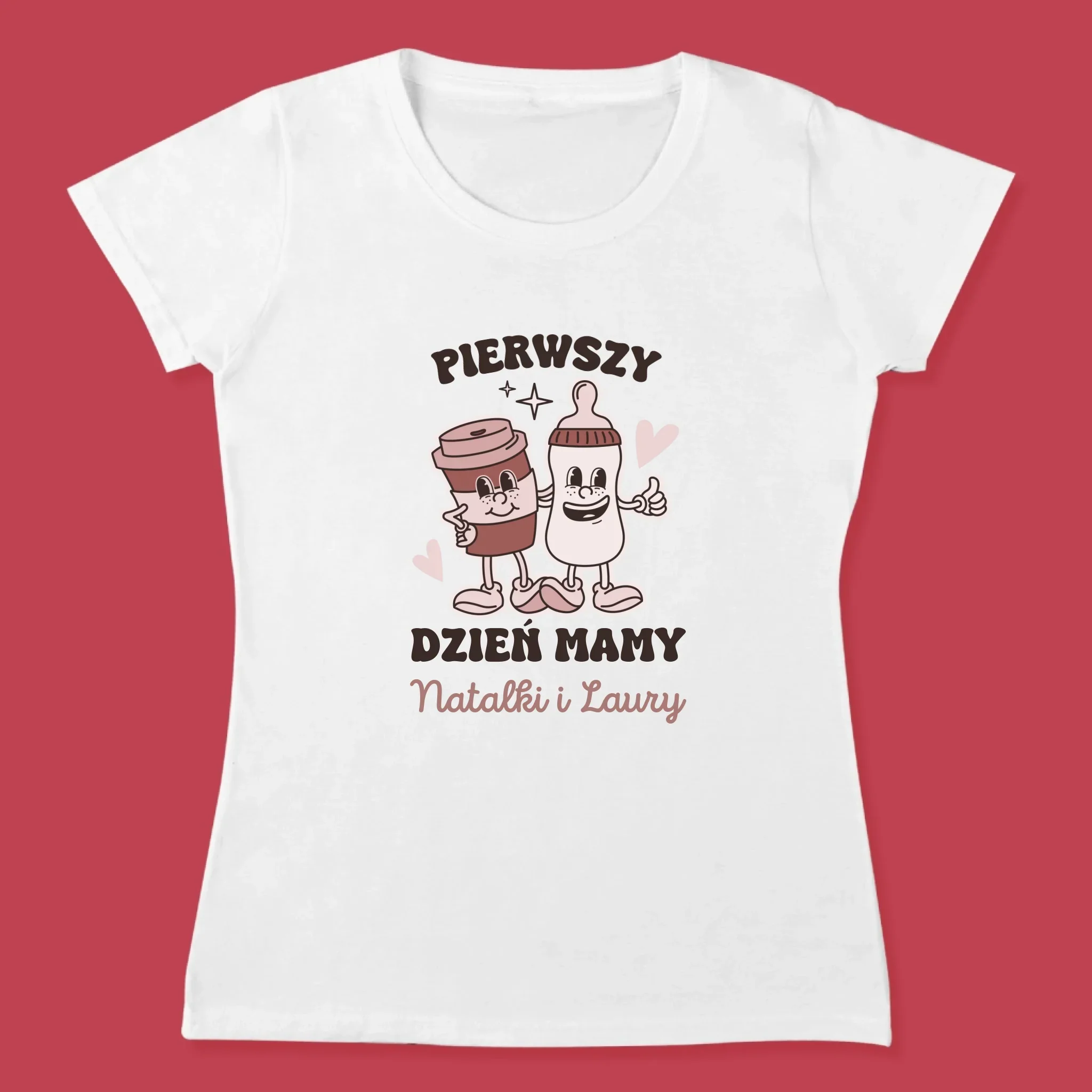 Imię i Podpis: Pierwszy Dzień Mamy Kawa Mleko - Zestaw Koszulka Damska i Body Niemowlęce - Image 3