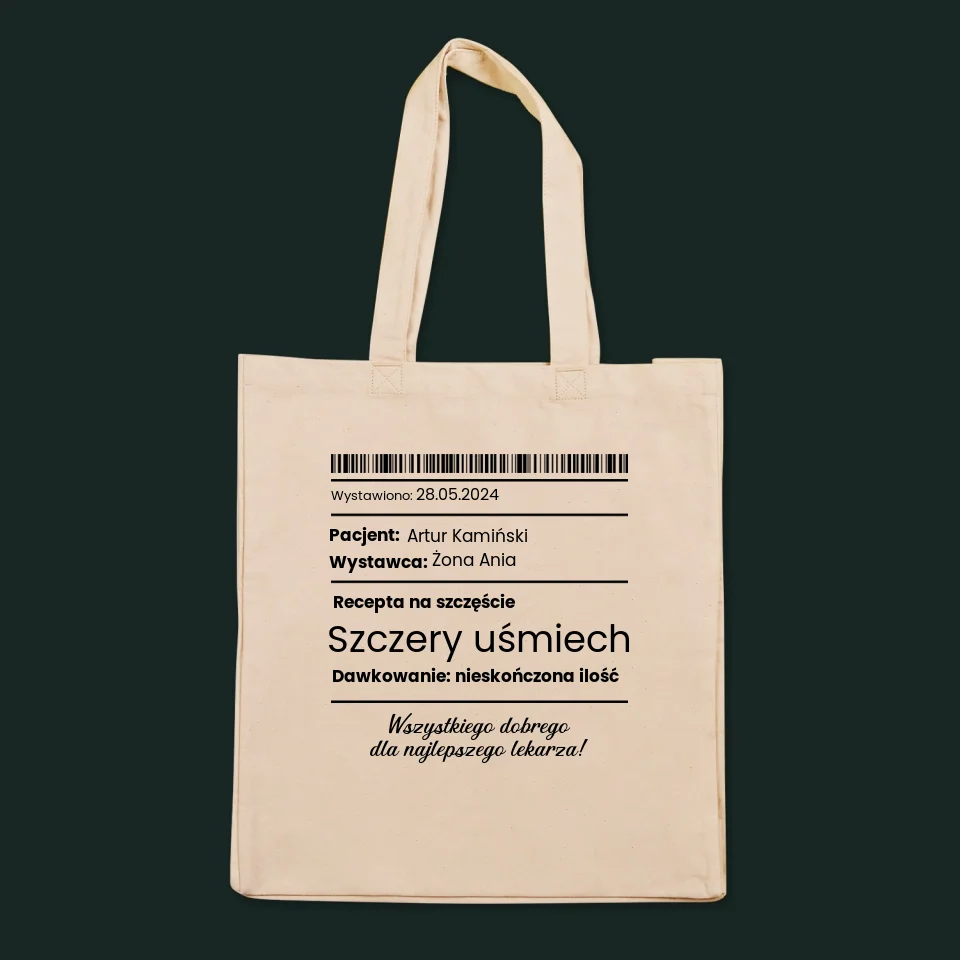 Imię i Podpis: Recepta Na Szczęście - Torba Płócienna z Nadrukiem - Image 3