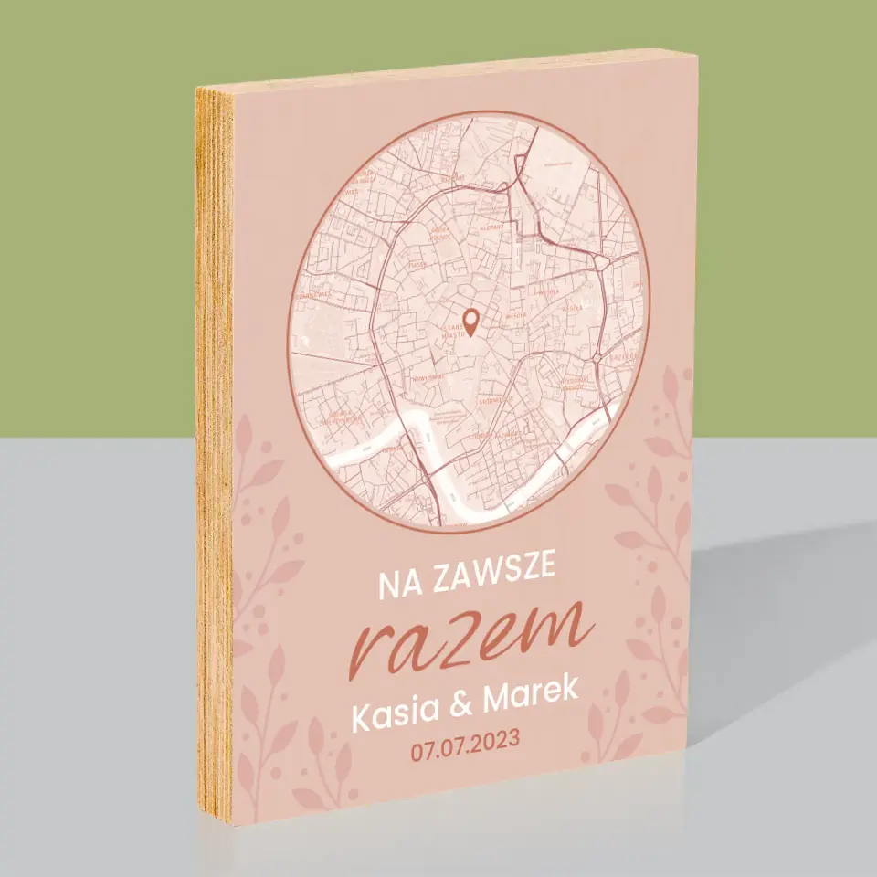 Mapa Miasta: Na Zawsze Razem - Wydruk Na Drewnie