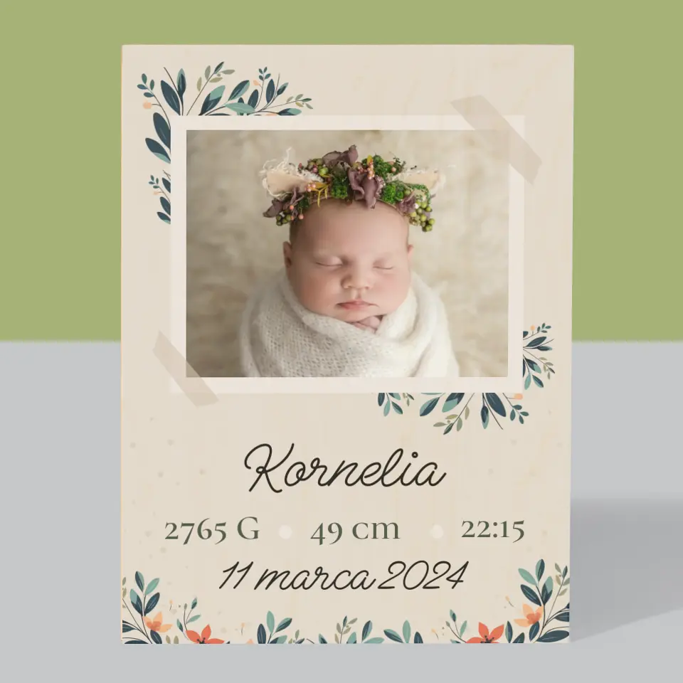 Metryczka Dziecka: Kwiaty - Wydruk Na Drewnie - Image 3