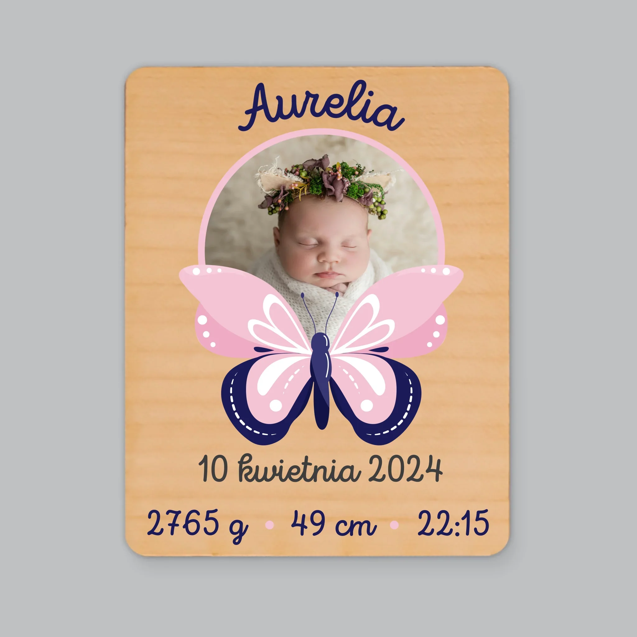 Metryczka Dziecka: Motylek - Magnes Drewniany