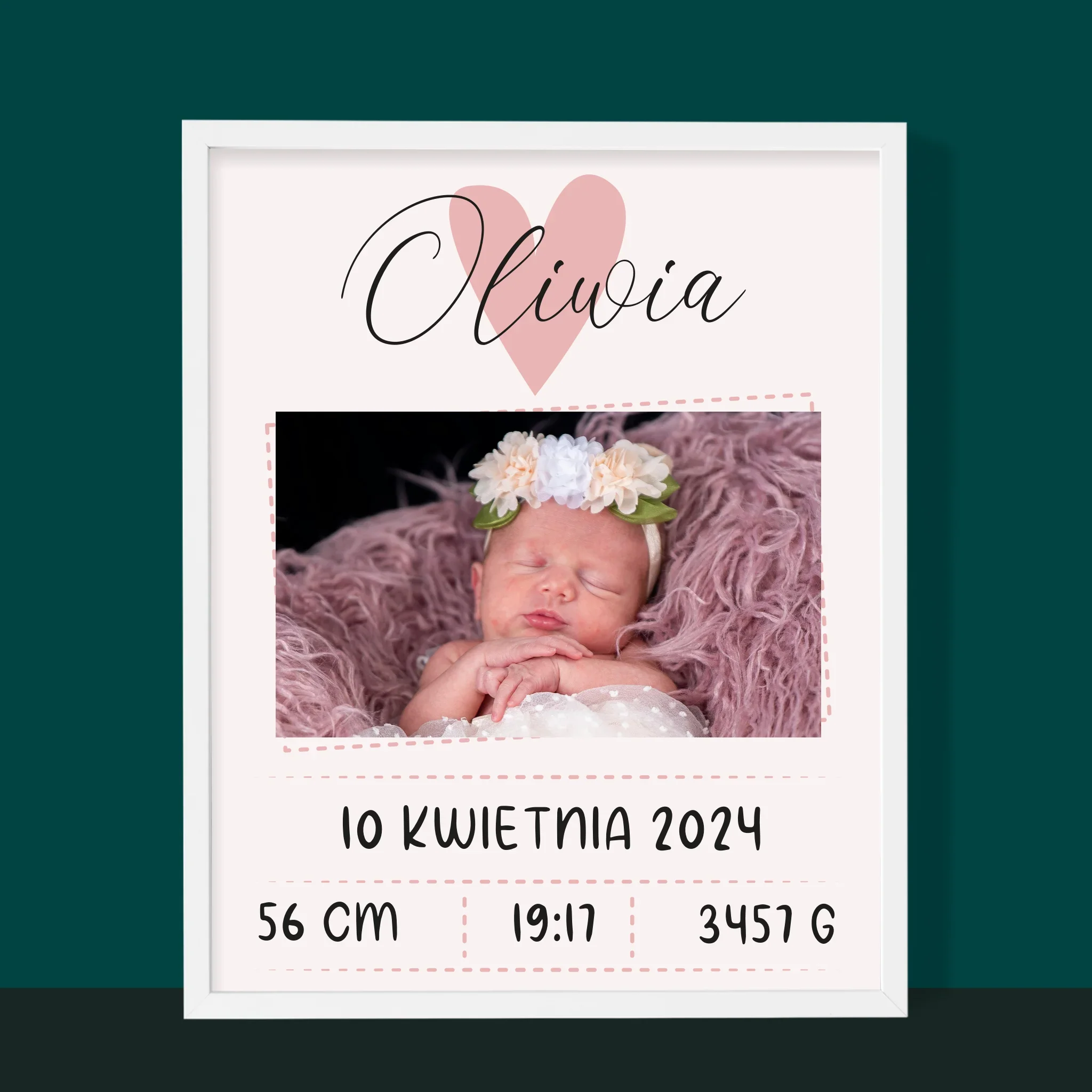 Metryczka Dziecka: Serduszko Dziewczynka - Wydruk Obramowany - Image 10