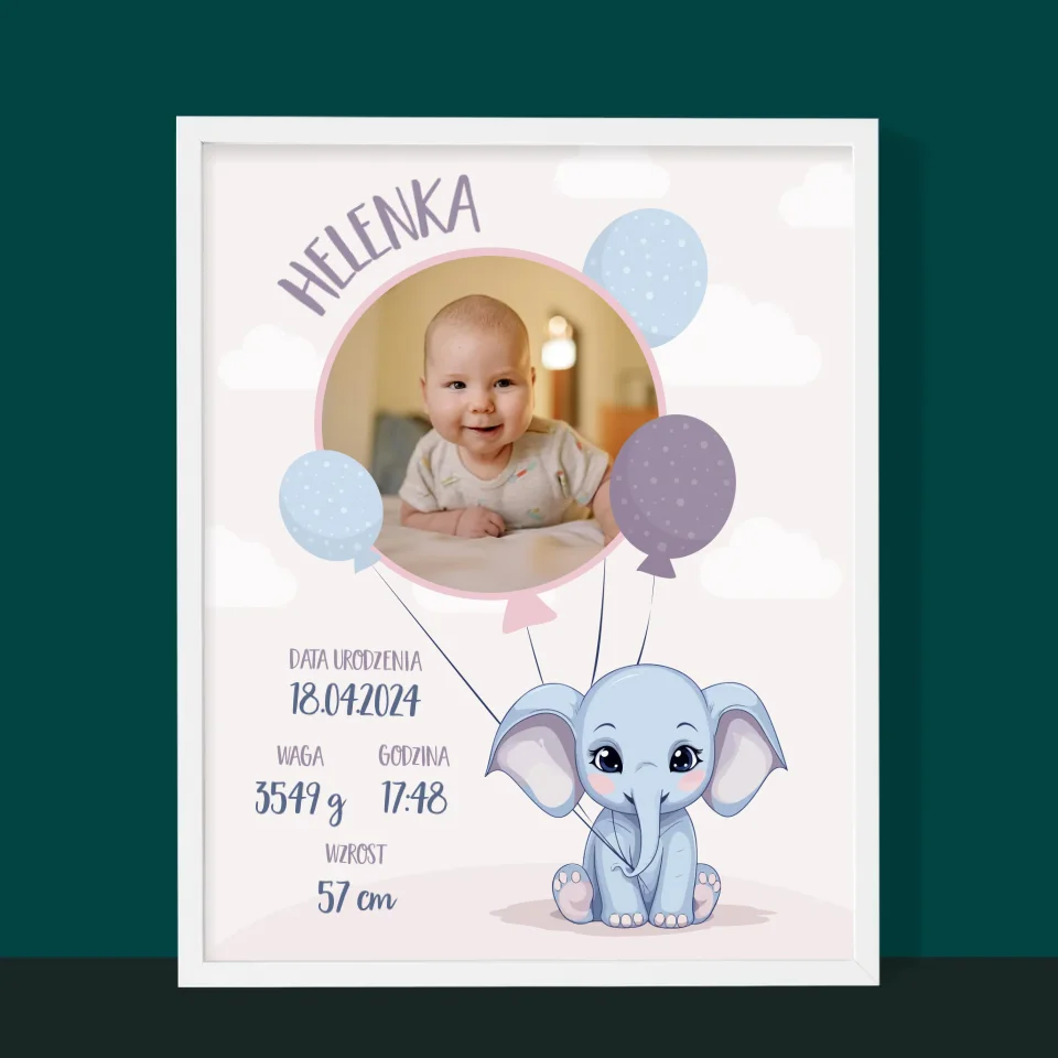 Metryczka Dziecka: Słonik - Wydruk Obramowany - Image 6
