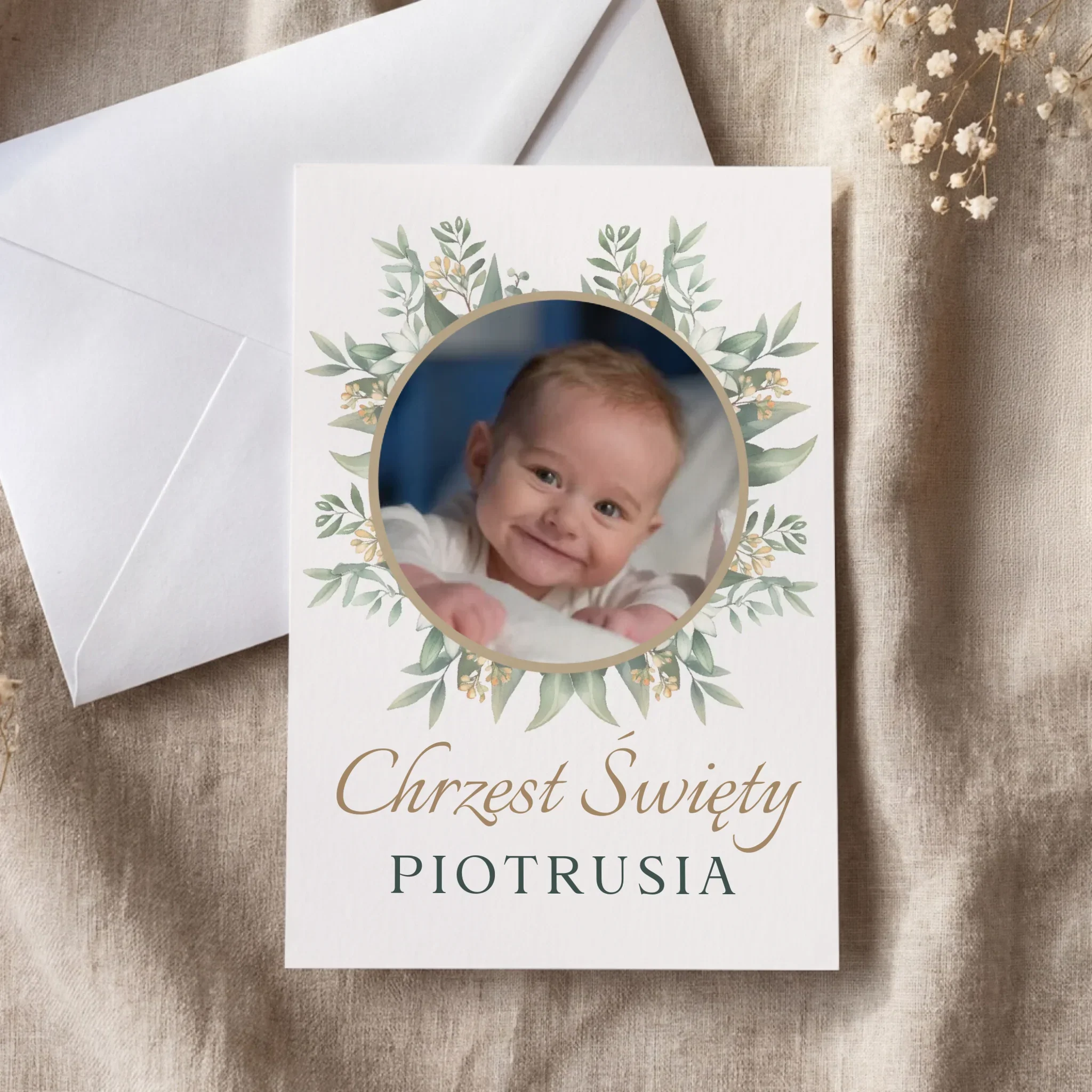 Zaproszenie: Na Chrzest Z Listkami I Zdjęciem - Zaproszenia Kwadratowe na Chrzest - Image 4