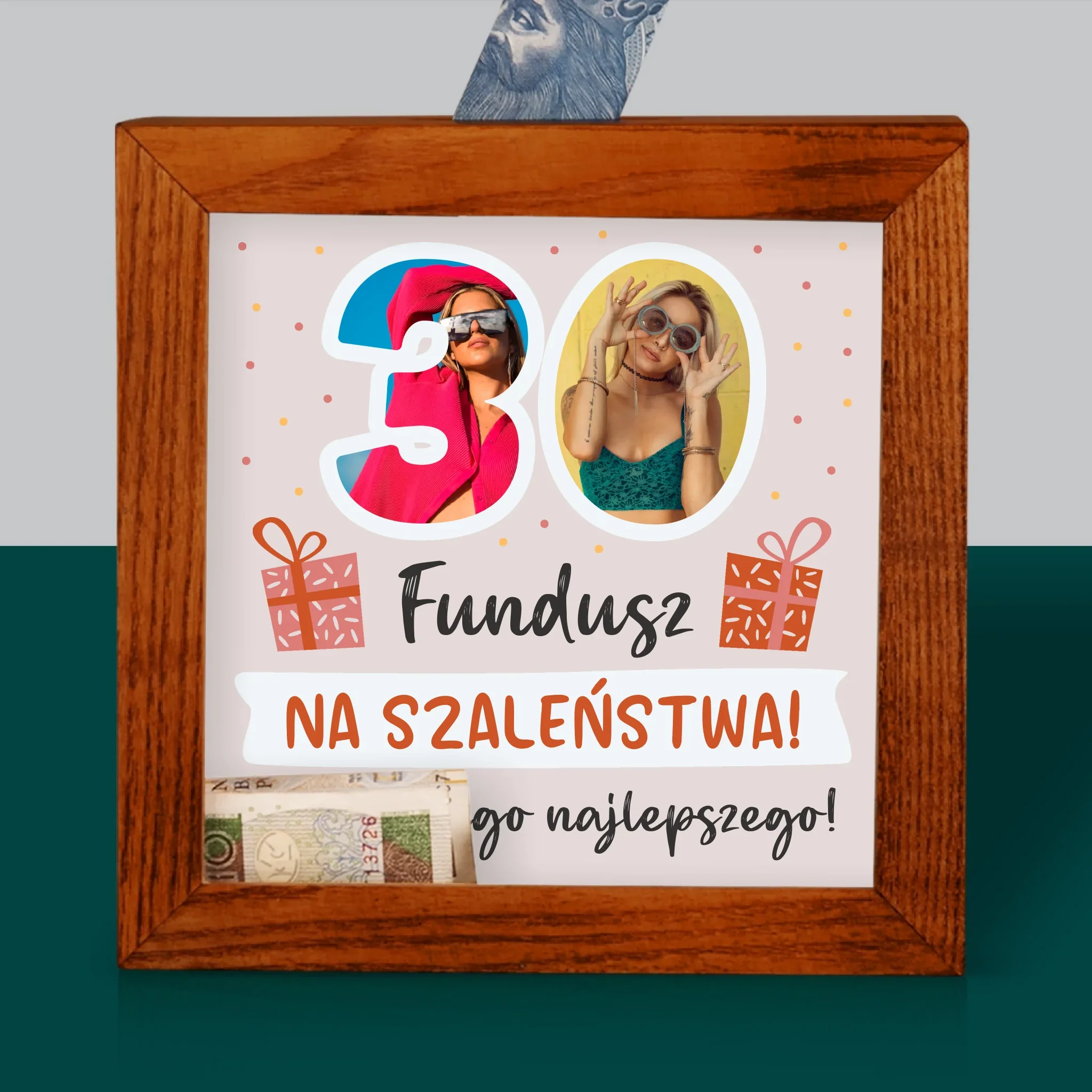 Zdjęcie I Podpis: 30 Urodziny Fundusz - Drewniana Skarbonka - Image 2