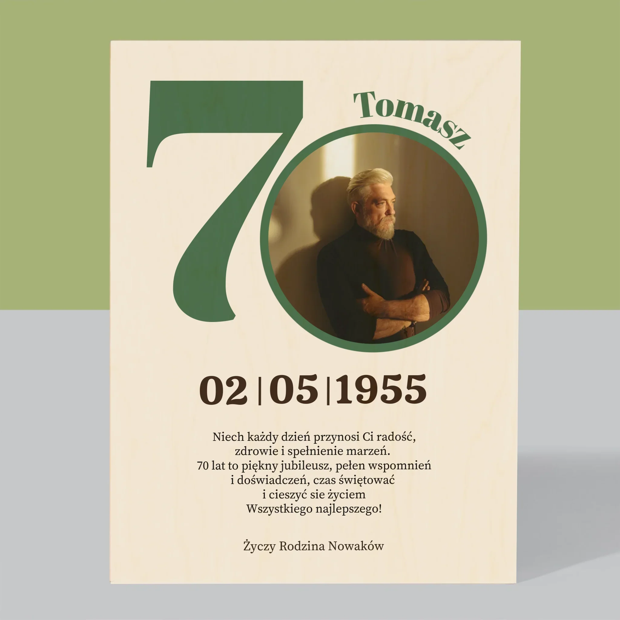 Zdjęcie I Podpis: 70 Urodziny Dedykacja - Wydruk Na Drewnie - Image 3