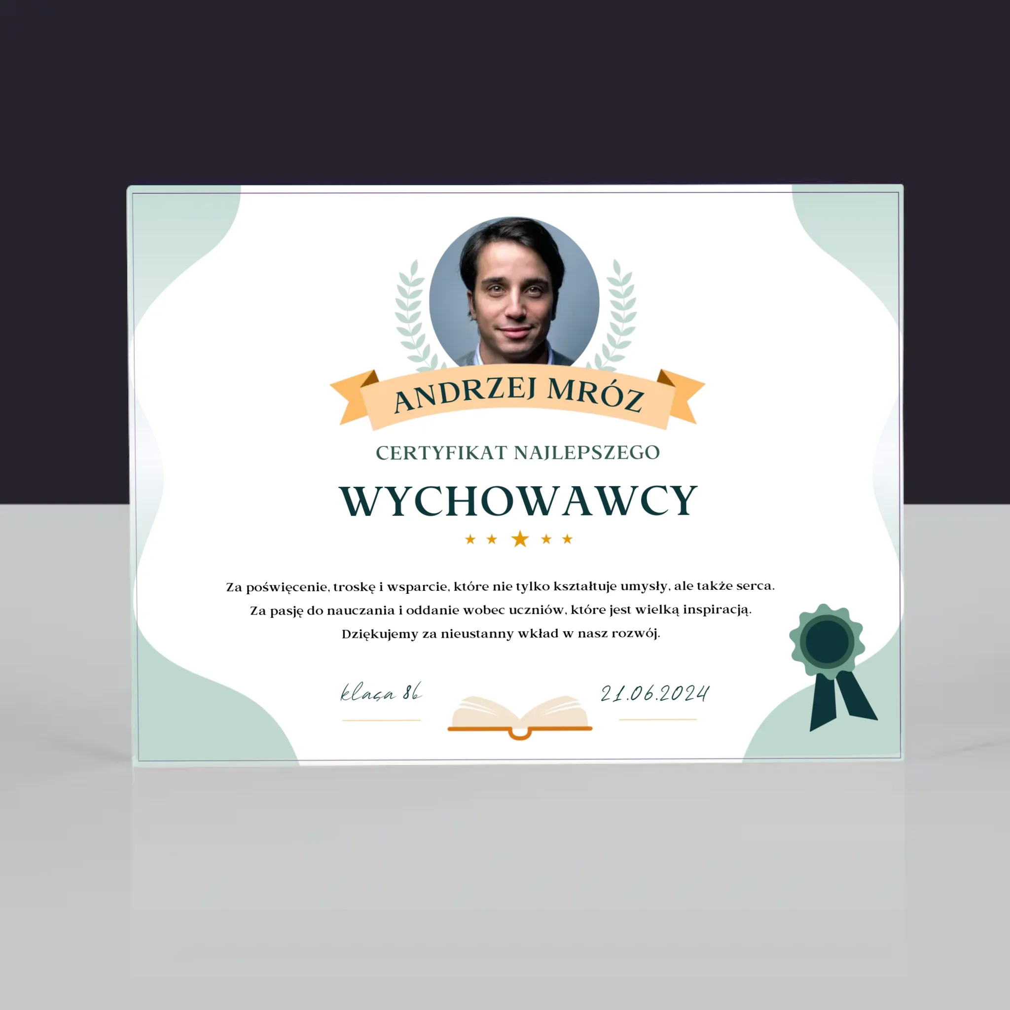 Zdjęcie i Podpis: Certyfikat Najlepszego Wychowawcy - Blok Akrylowy z Nadrukiem - Image 3