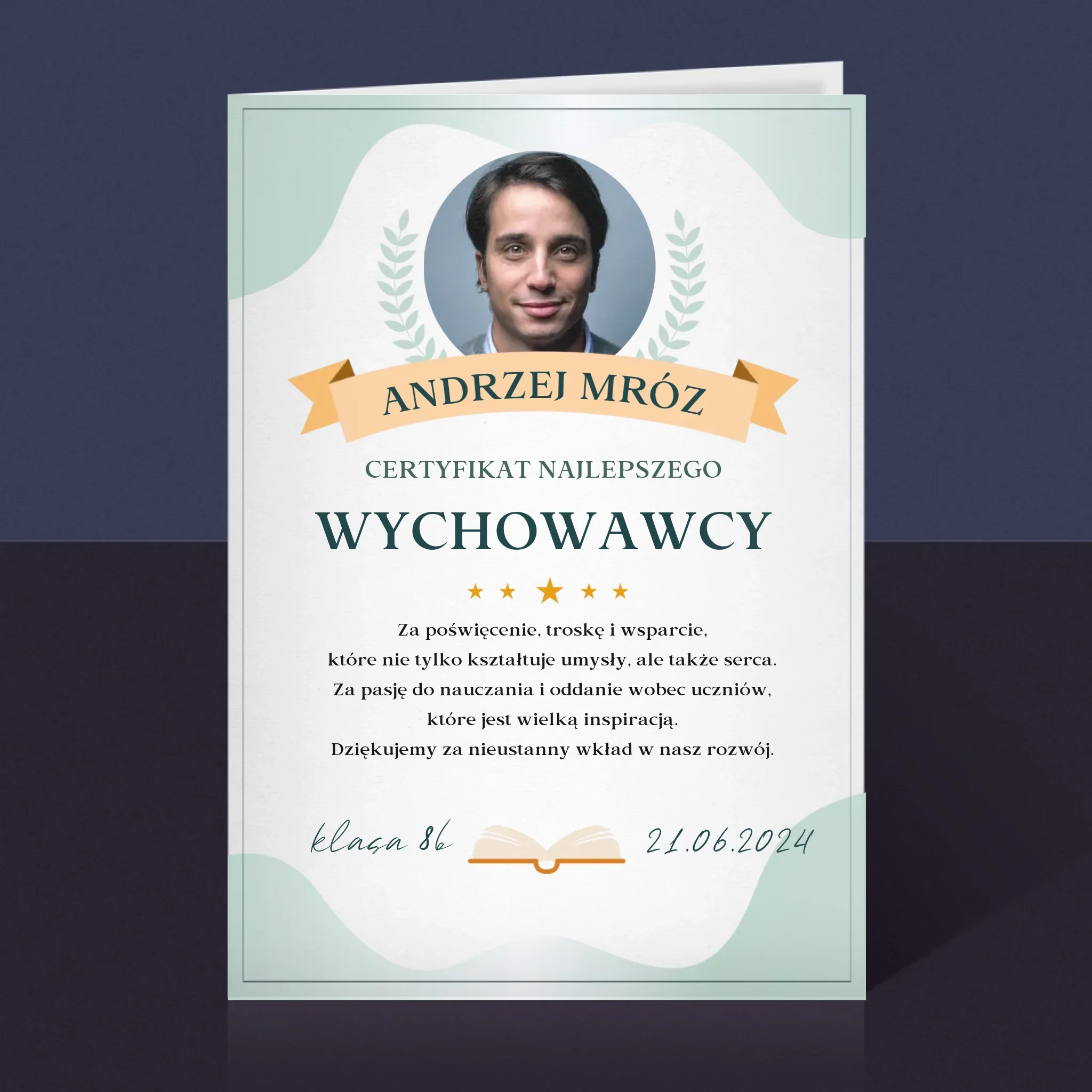 Zdjęcie i Podpis: Certyfikat Najlepszego Wychowawcy - Kartka z Życzeniami