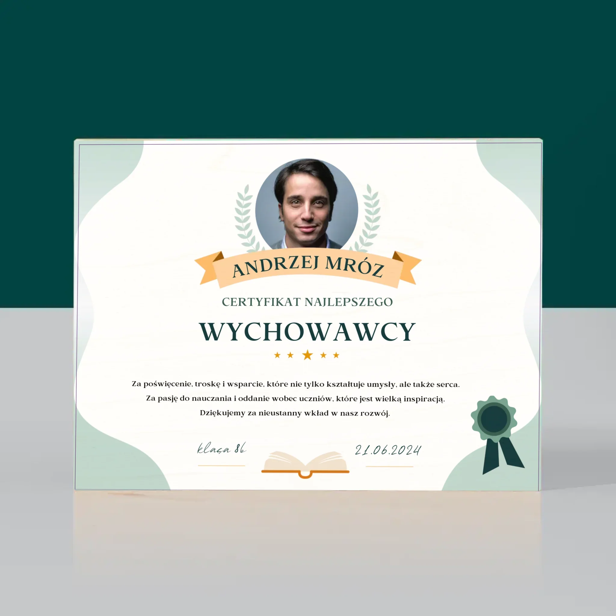 Zdjęcie i Podpis: Certyfikat Najlepszego Wychowawcy - Wydruk Na Drewnie - Image 3