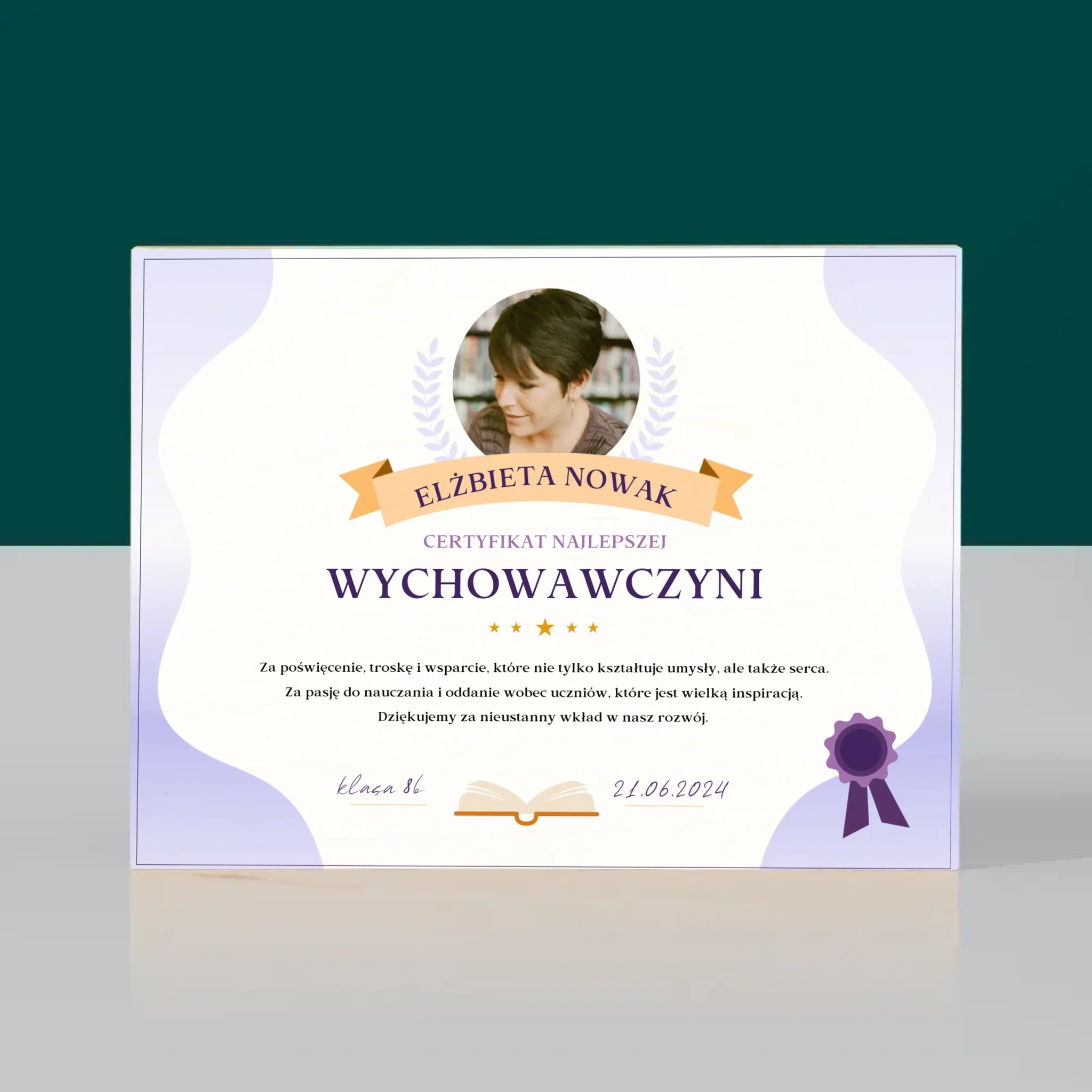 Zdjęcie i Podpis: Certyfikat Najlepszej Wychowawczyni - Wydruk Na Drewnie - Image 3