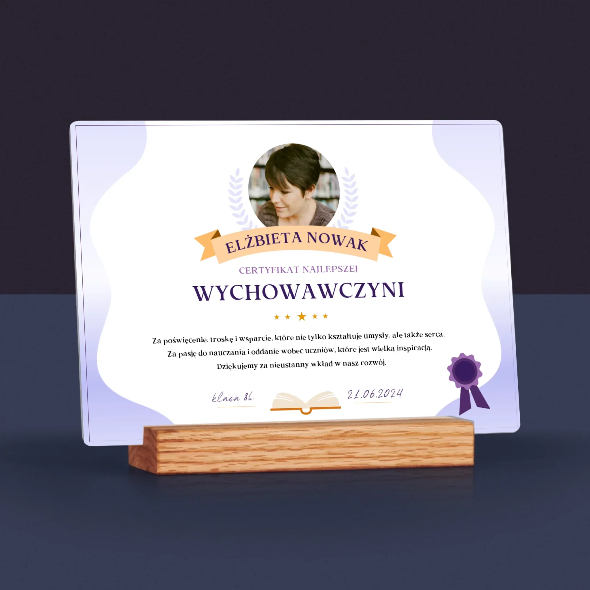 Zdjęcie i Podpis: Certyfikat Najlepszej Wychowawczyni - Wydruk Na Szkle Akrylowym