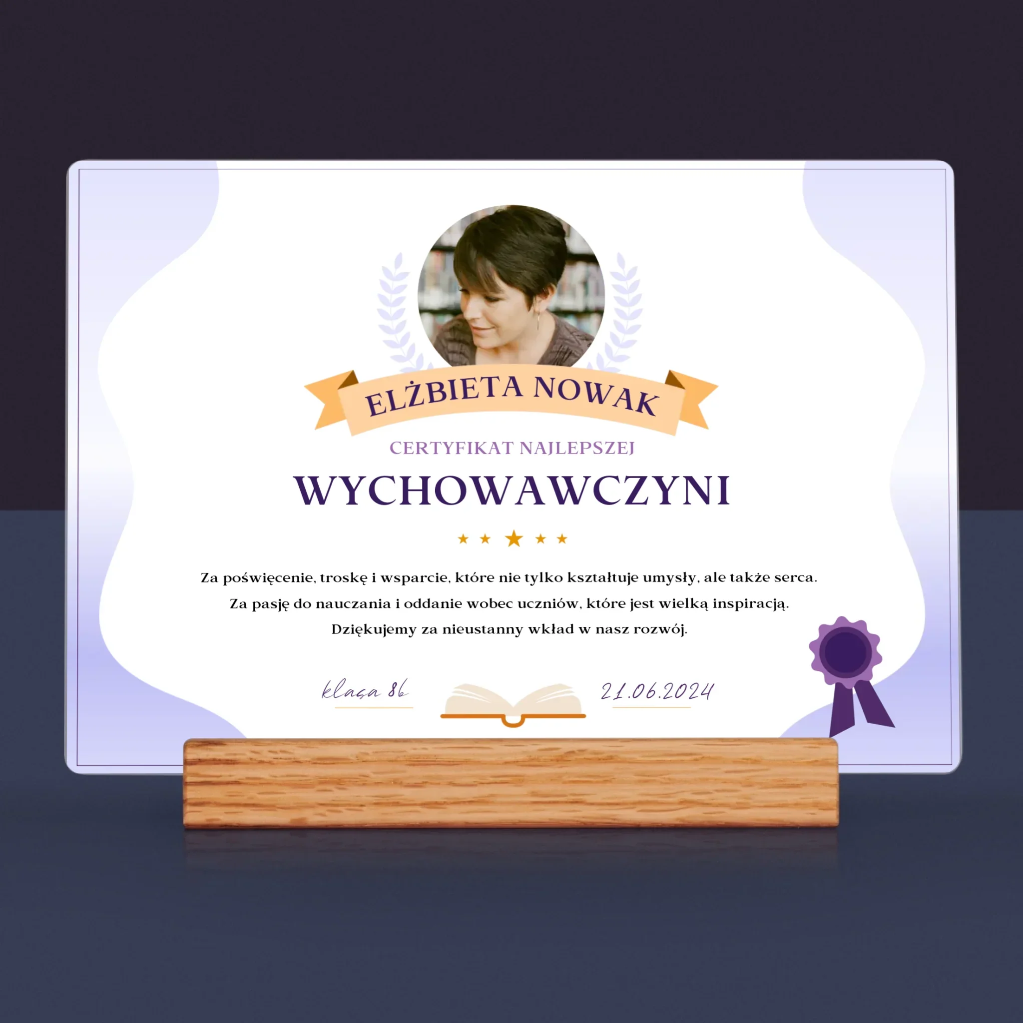 Zdjęcie i Podpis: Certyfikat Najlepszej Wychowawczyni - Wydruk Na Szkle Akrylowym - Image 3