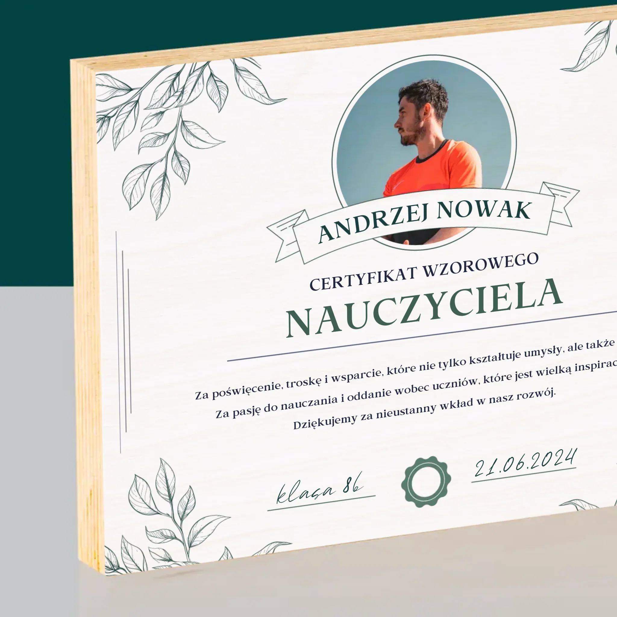 Zdjęcie i Podpis: Certyfikat Wzorowego Nauczyciela - Wydruk Na Drewnie - Image 2