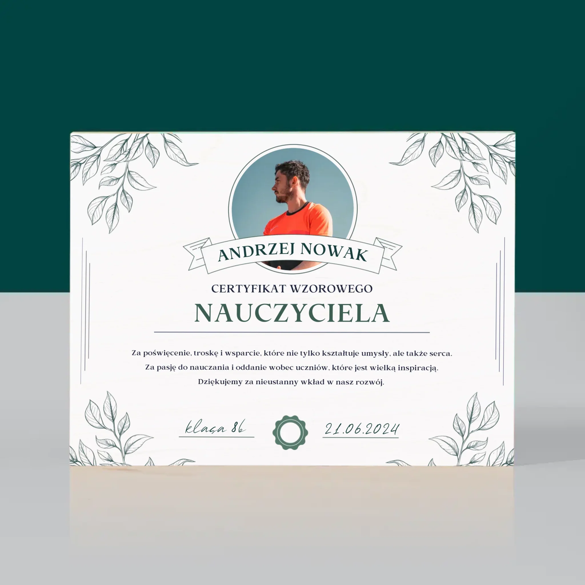 Zdjęcie i Podpis: Certyfikat Wzorowego Nauczyciela - Wydruk Na Drewnie - Image 3