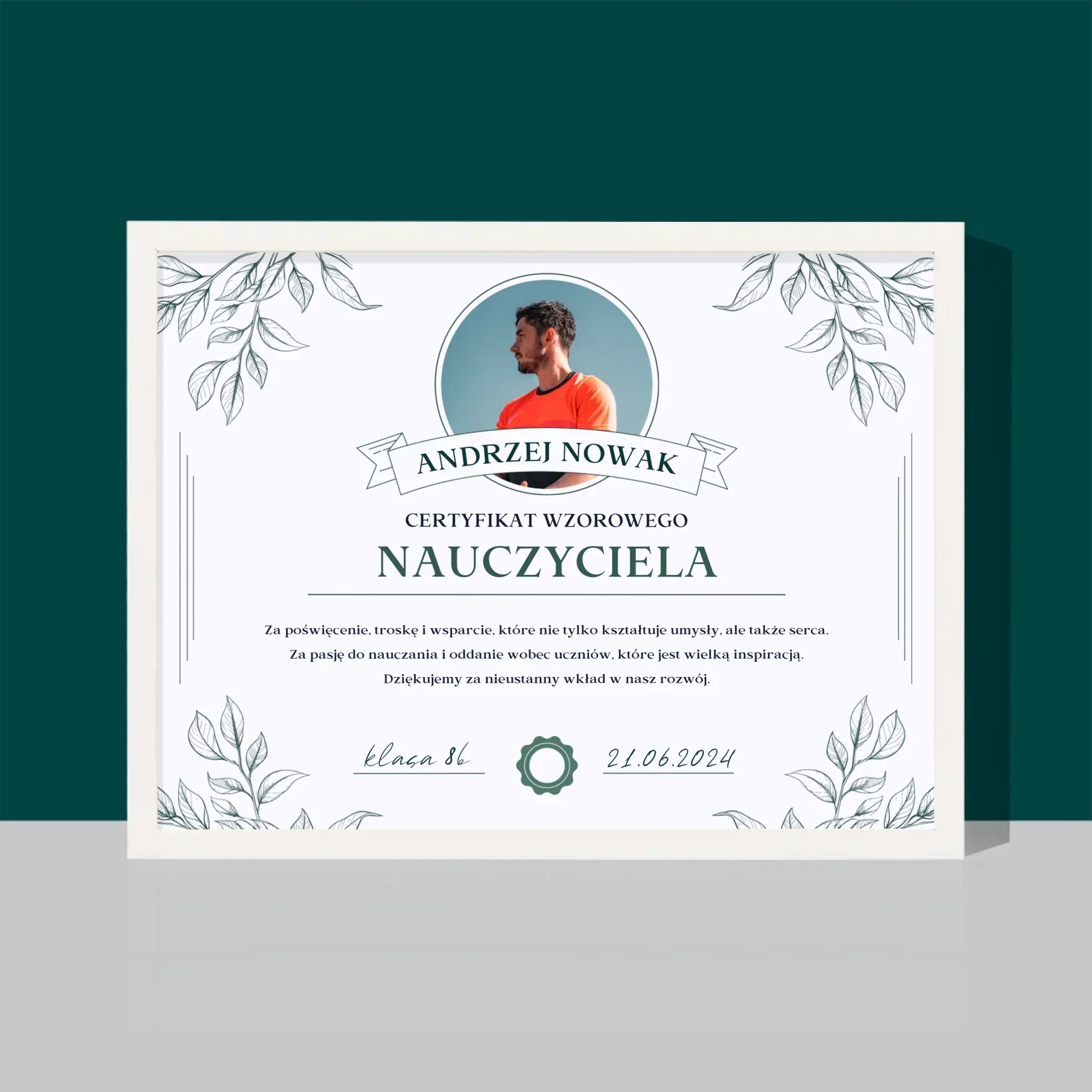 Zdjęcie i Podpis: Certyfikat Wzorowego Nauczyciela - Wydruk Obramowany 30x40 - Image 4