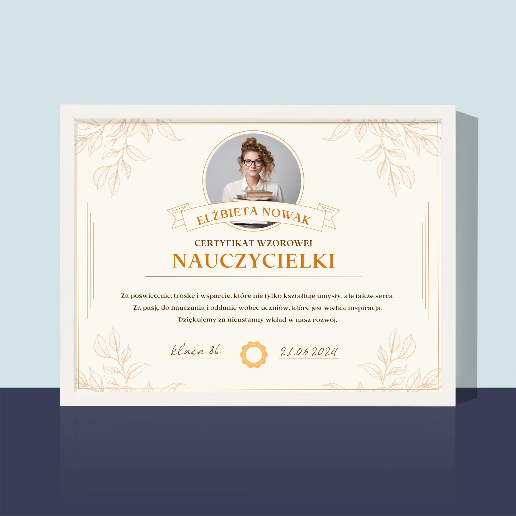 Zdjęcie i Podpis: Certyfikat Wzorowej Nauczycielki - Wydruk Obramowany 30x40 - Image 4