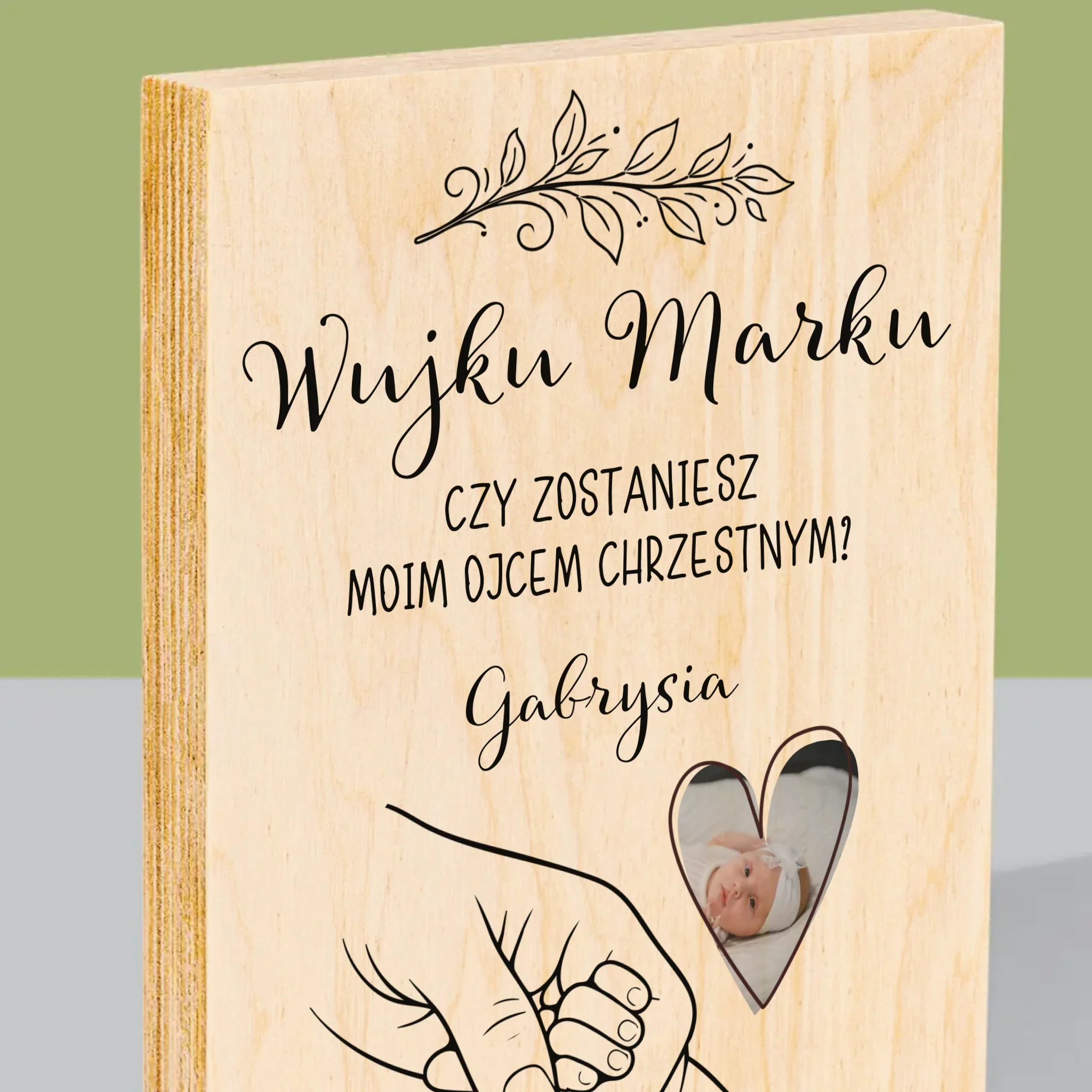 Zdjęcie i Podpis: Chrzestny Dziecko Rączka - Wydruk Na Drewnie - Image 2