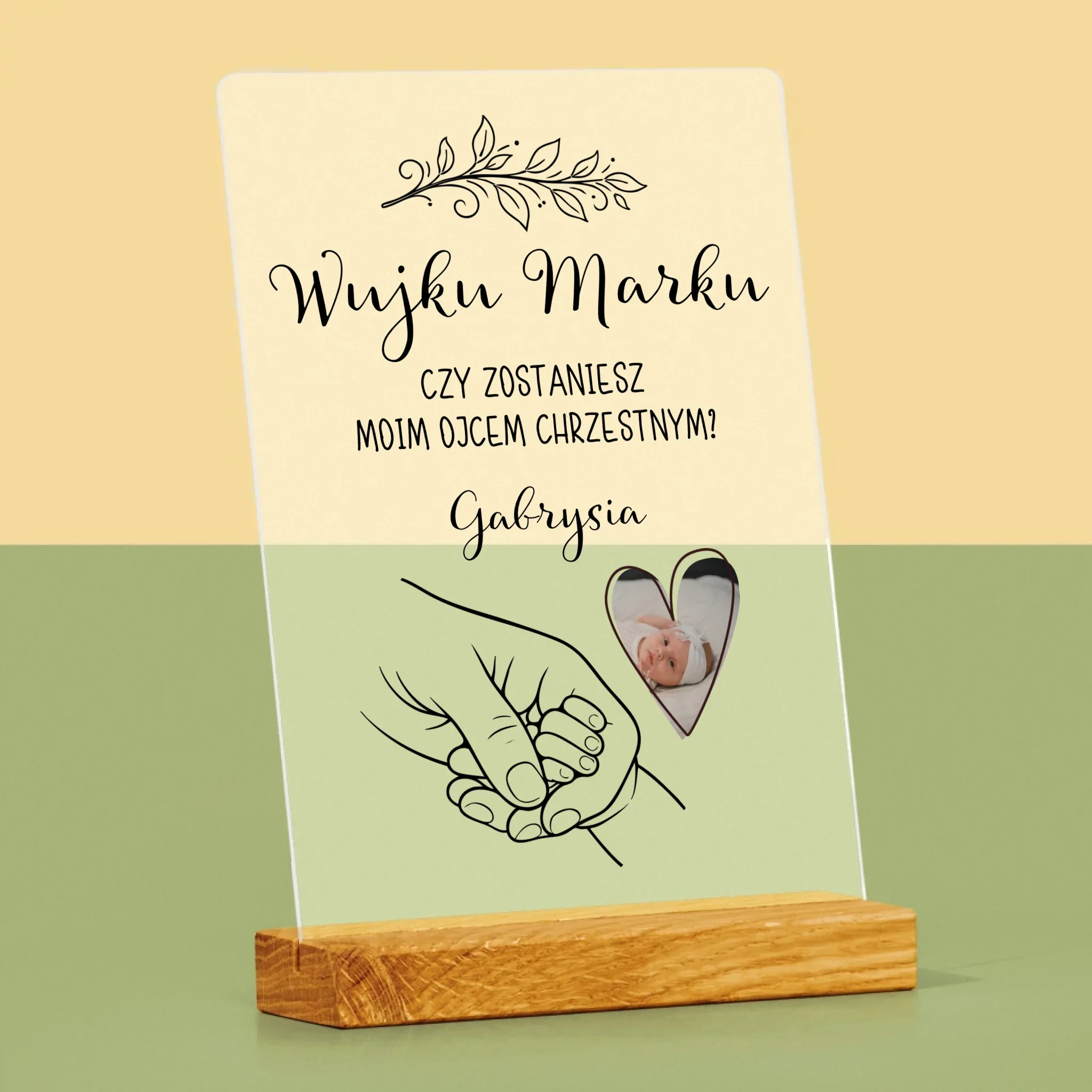 Zdjęcie i Podpis: Chrzestny Dziecko Rączka - Wydruk Na Szkle Akrylowym