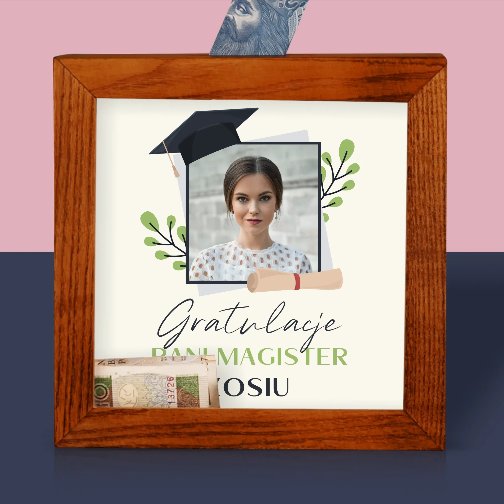 Zdjęcie I Podpis: Gratulacje Magister - Drewniana Skarbonka - Image 2