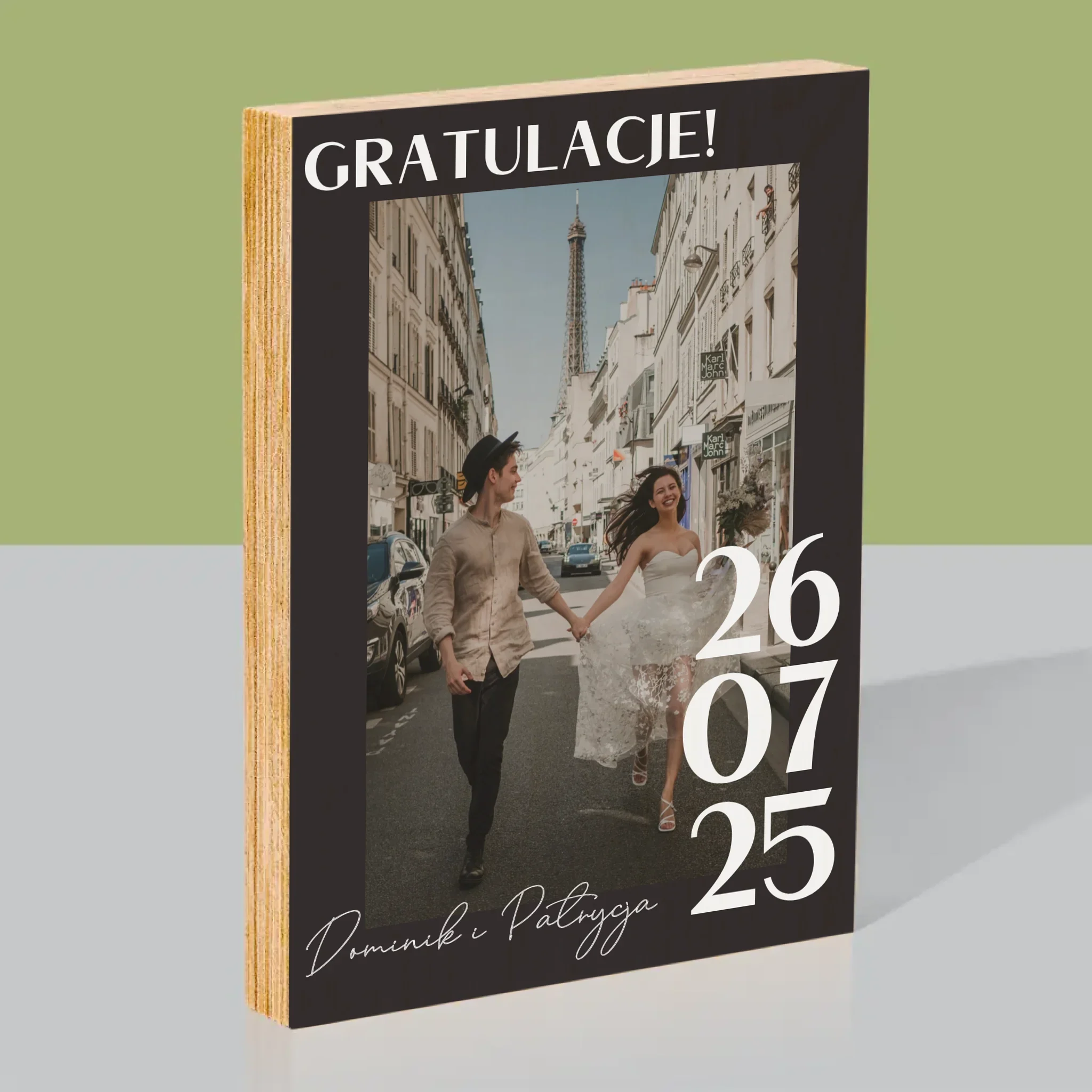 Zdjęcie i Podpis: Gratulacje z Okazji Ślubu - Wydruk Na Drewnie