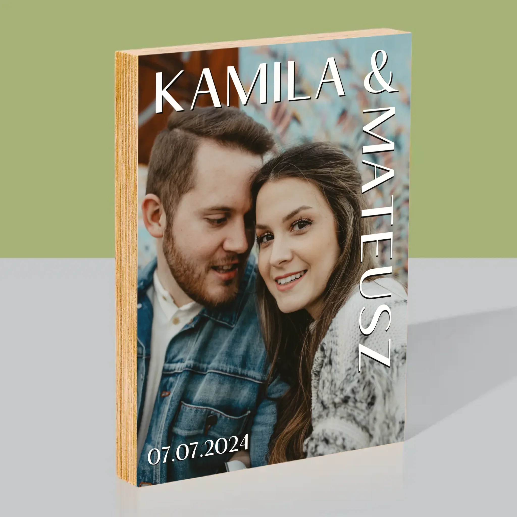 Zdjęcie i Podpis: Imiona Ślub - Wydruk Na Drewnie